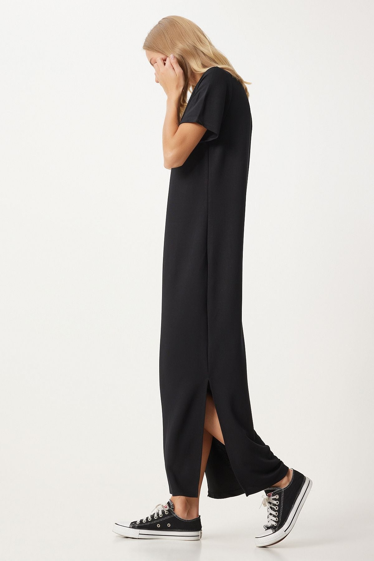 Women's black side slit summer long knitted dress hw00011