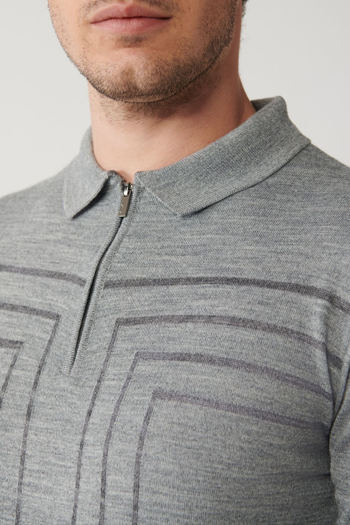 Men's Gray Zippered Wool Mixed Triko Sweater A32Y5094