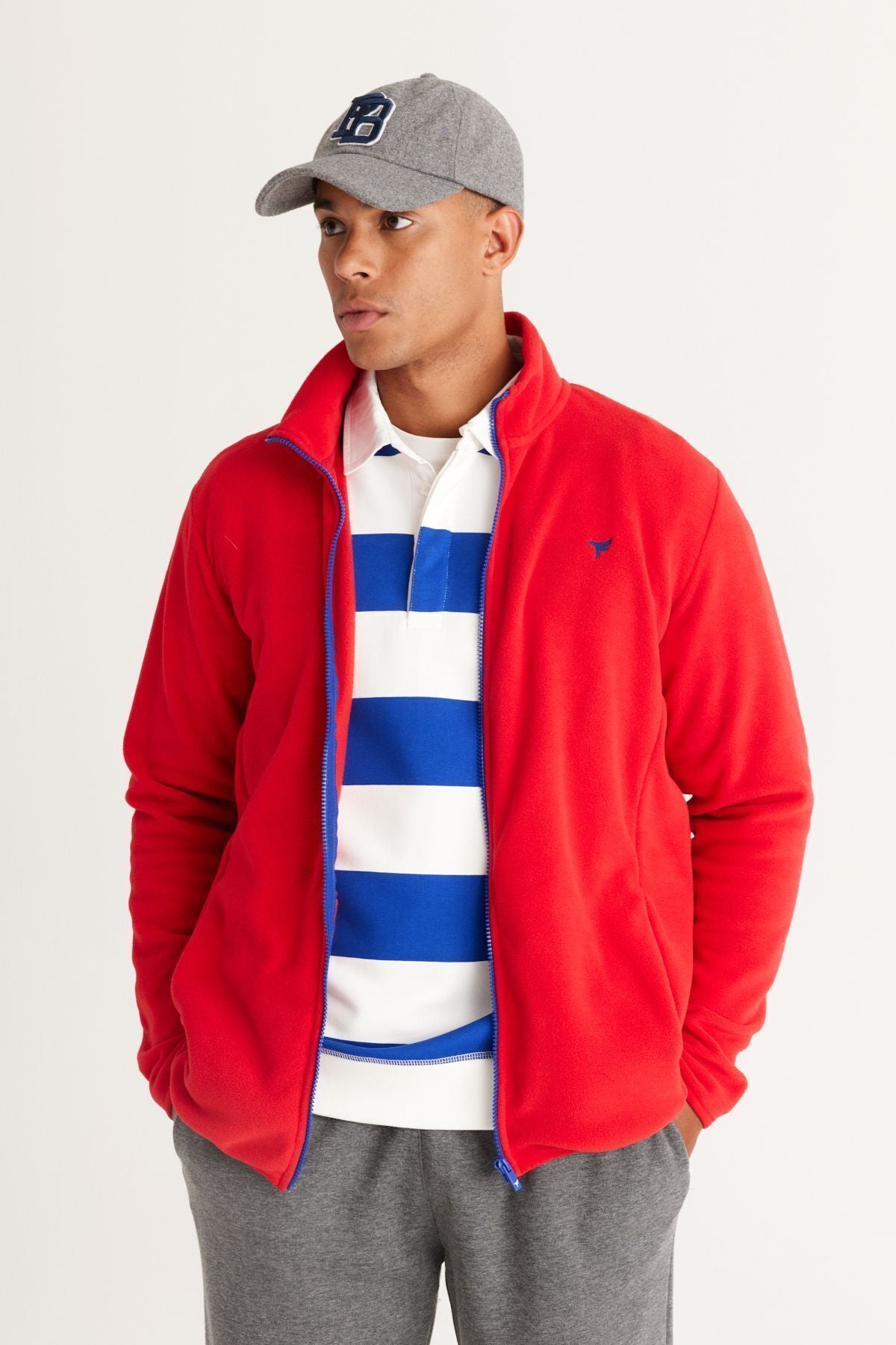 Men's Red Standard Fit Normal Cutting Cold -Performing Roring Neckline Polar Sweatshirt Jacket