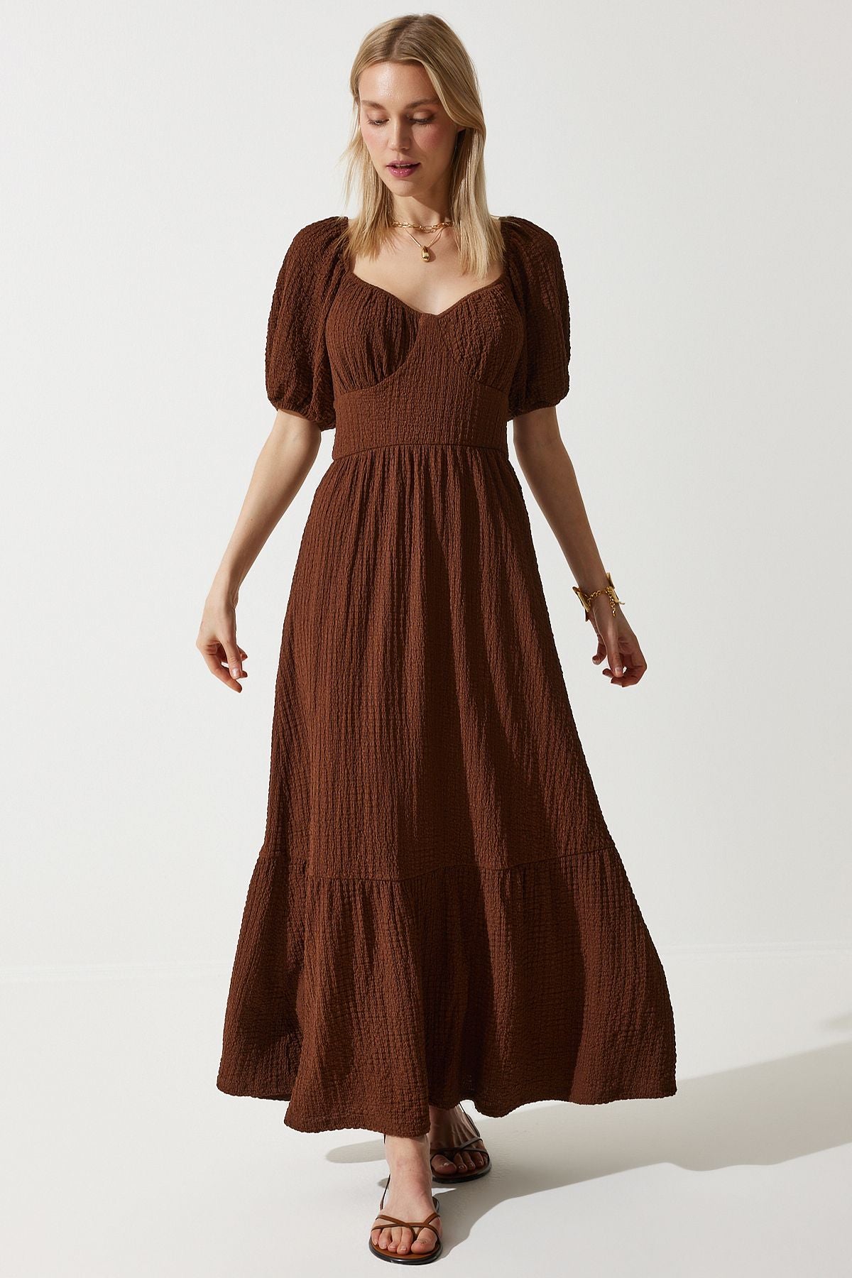 Female Brown Heart Collar textured summer knitted dress ub00050