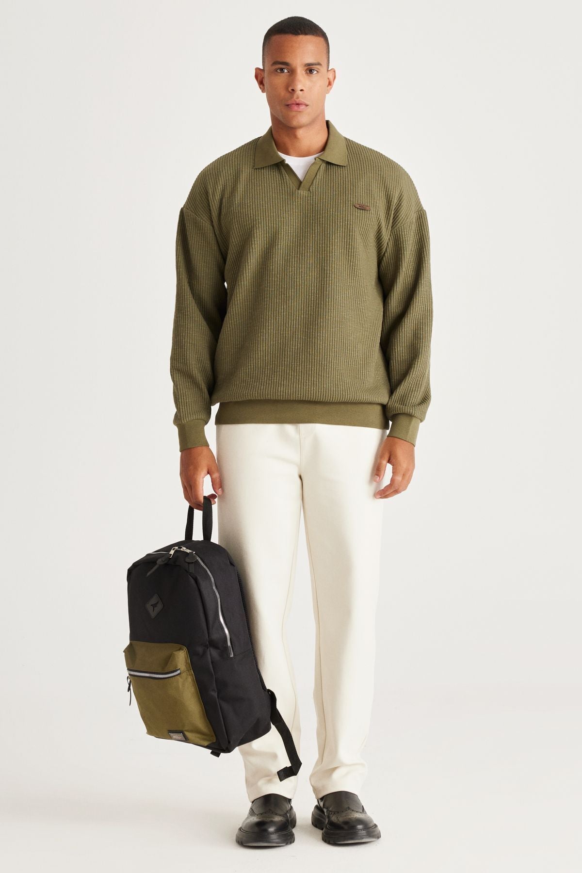 Men's Khaki Loose Fit Içi Polar 3 IP Polo Yaka Jacquard Sweatshirt