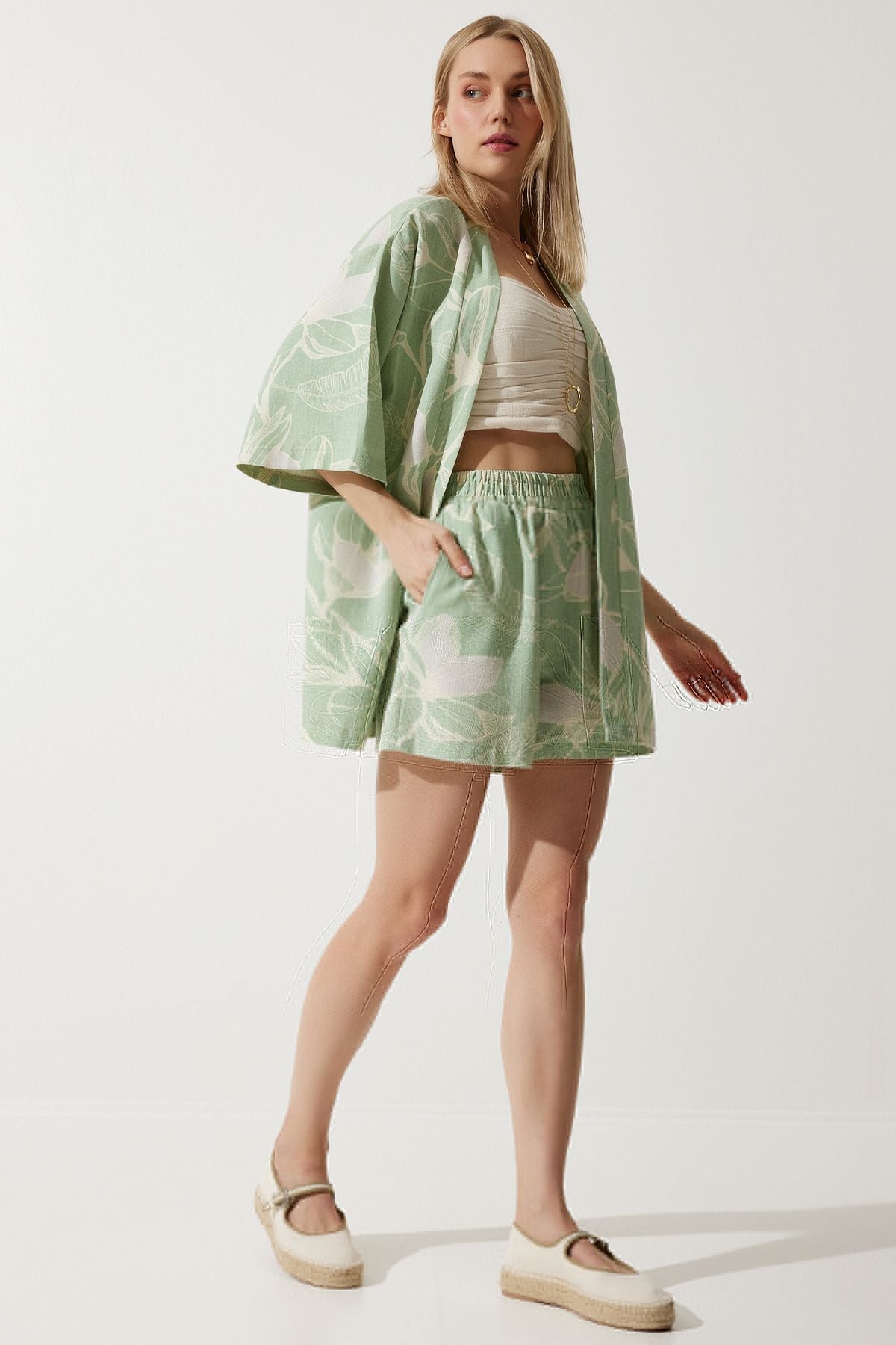 Women's Cagla Green Tropic Patterned Summer Ham Kimono Shorts BP00157