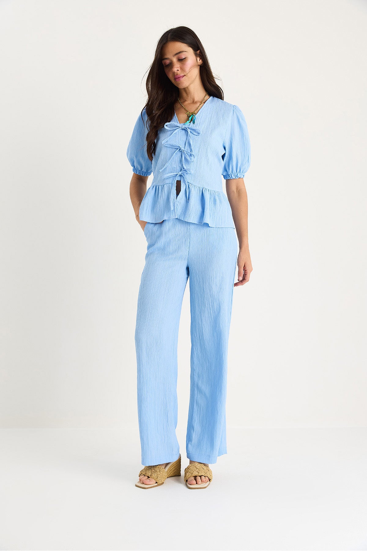 Women's Blouse with Tie Detail and Elastic Sleeves Trousers Wrap Suit 8015 60283448