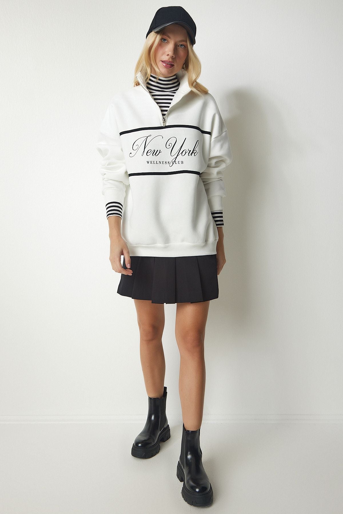 WOMEN ECRU Zippered Neck Printed Sweatshirt UB00168