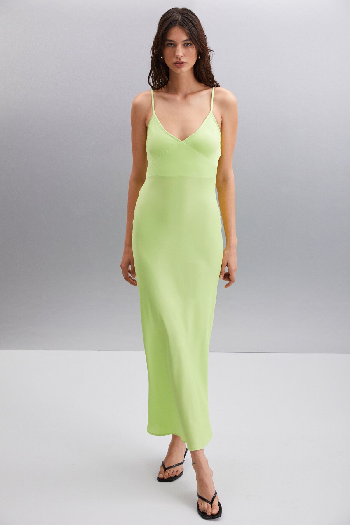 Nashaly woman thick woven satin strap with maxi light green dress expanding from the waist