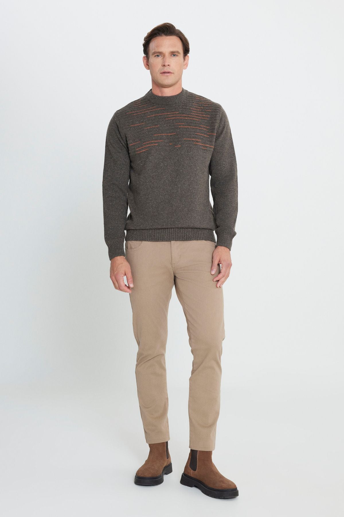 Men's milk coffee-orange standard Fit Normal Cut Half Fisherman Yaka Knitwear Sweater