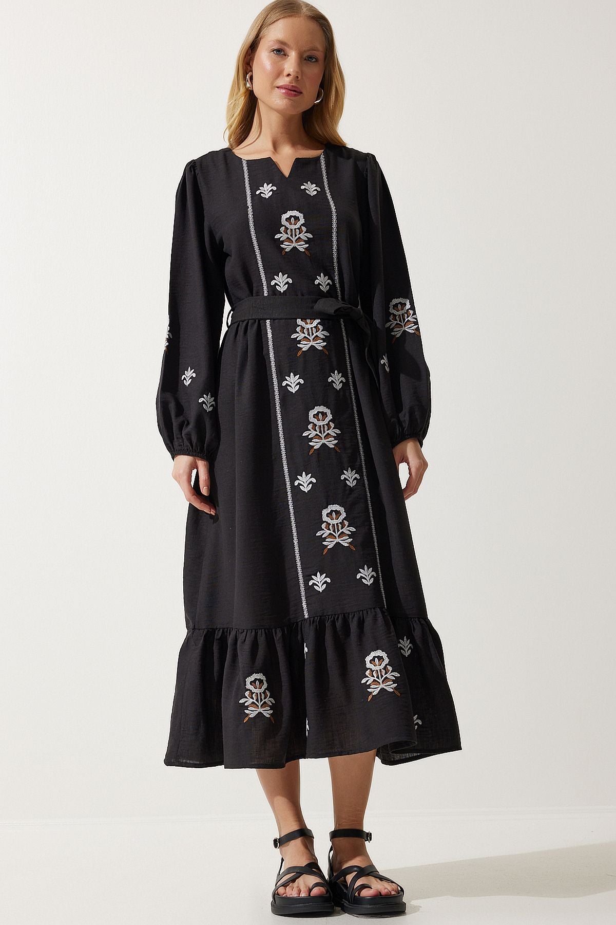 Women's black embroidery linen surface long weaving dress RG00017