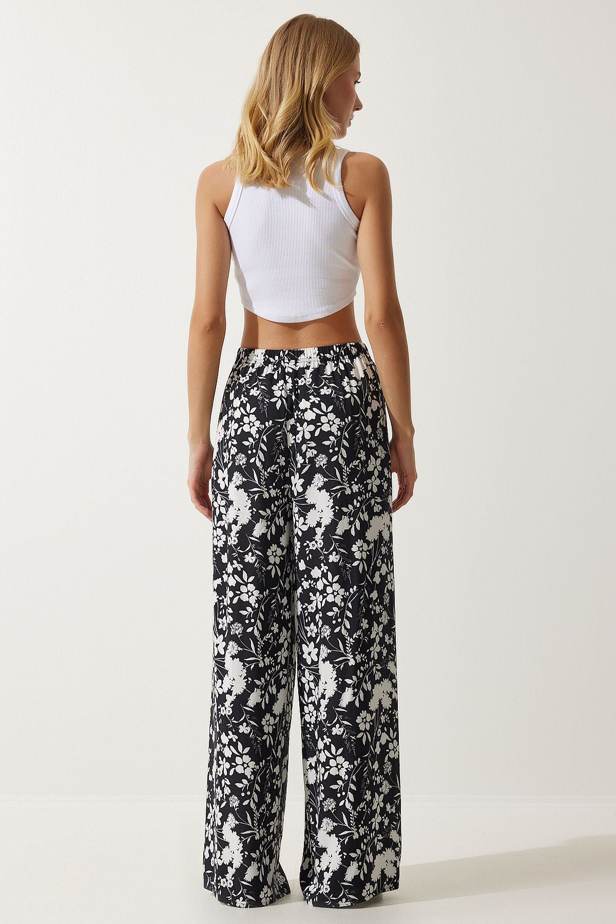 Female Black Patterned Viscose Palazzo Pants EN00606