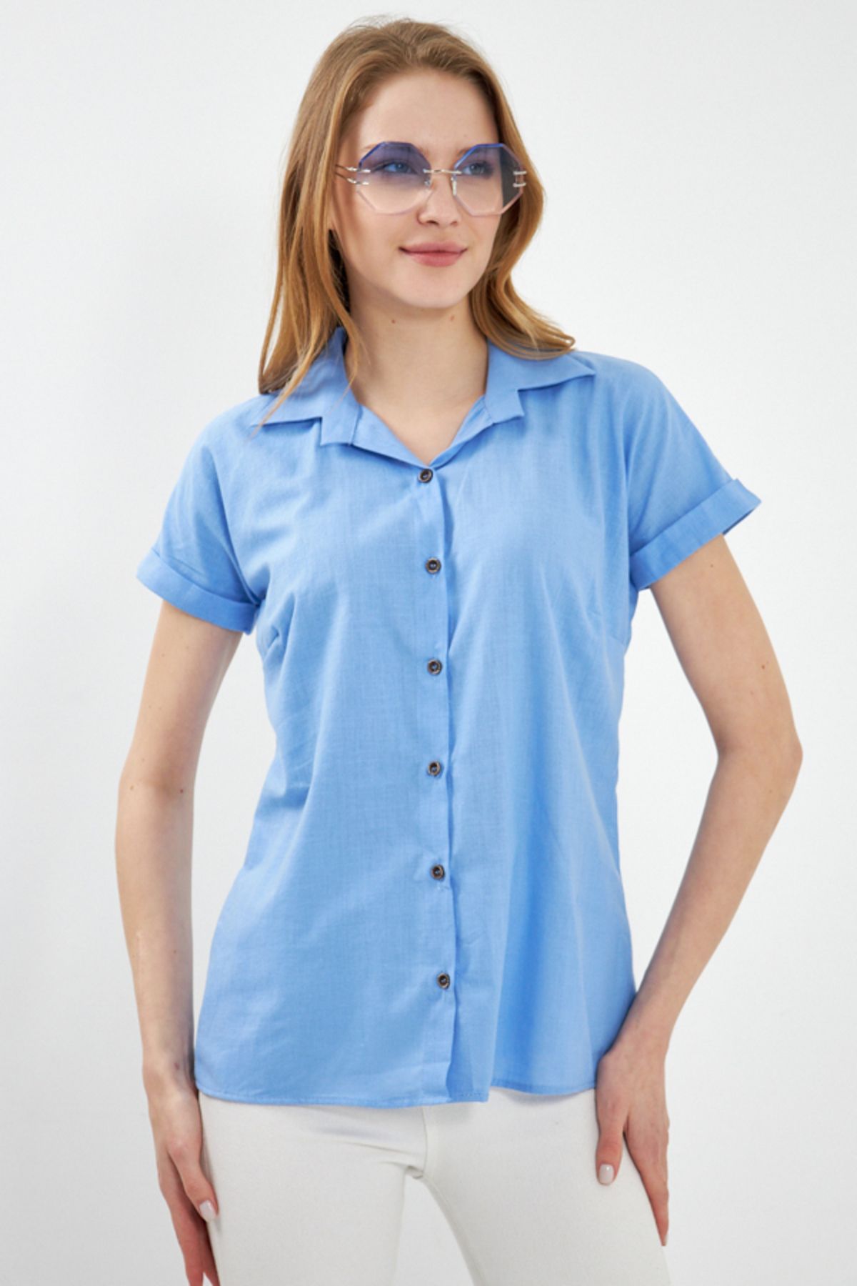 Woman Baby Blue Short Sleeve Linen Shirt ARM-24Y001038