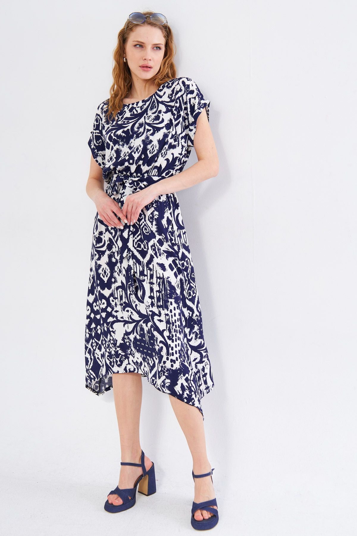 Woman Dark Navy Blind Waist Luckling Patterned Dress ARM-221044