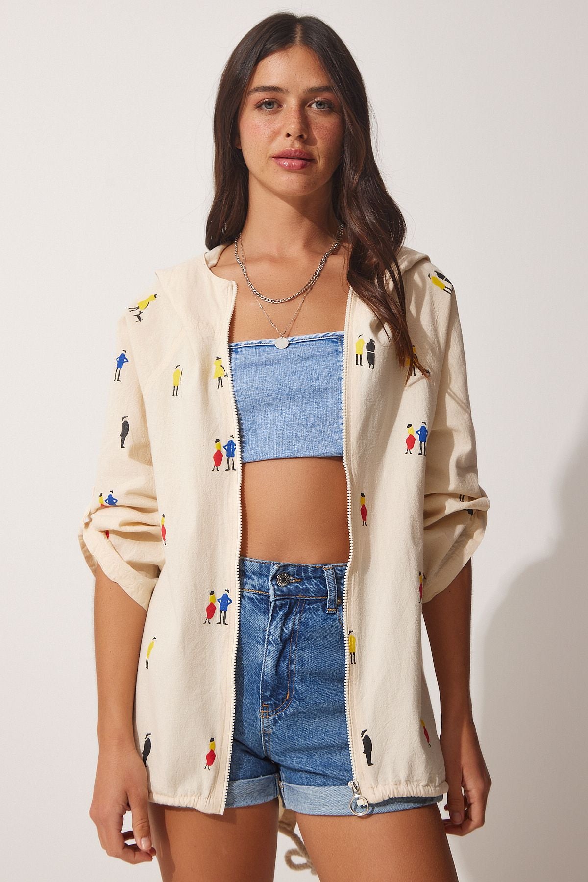 Women's cream printed hooded raw linen jacket sa00014