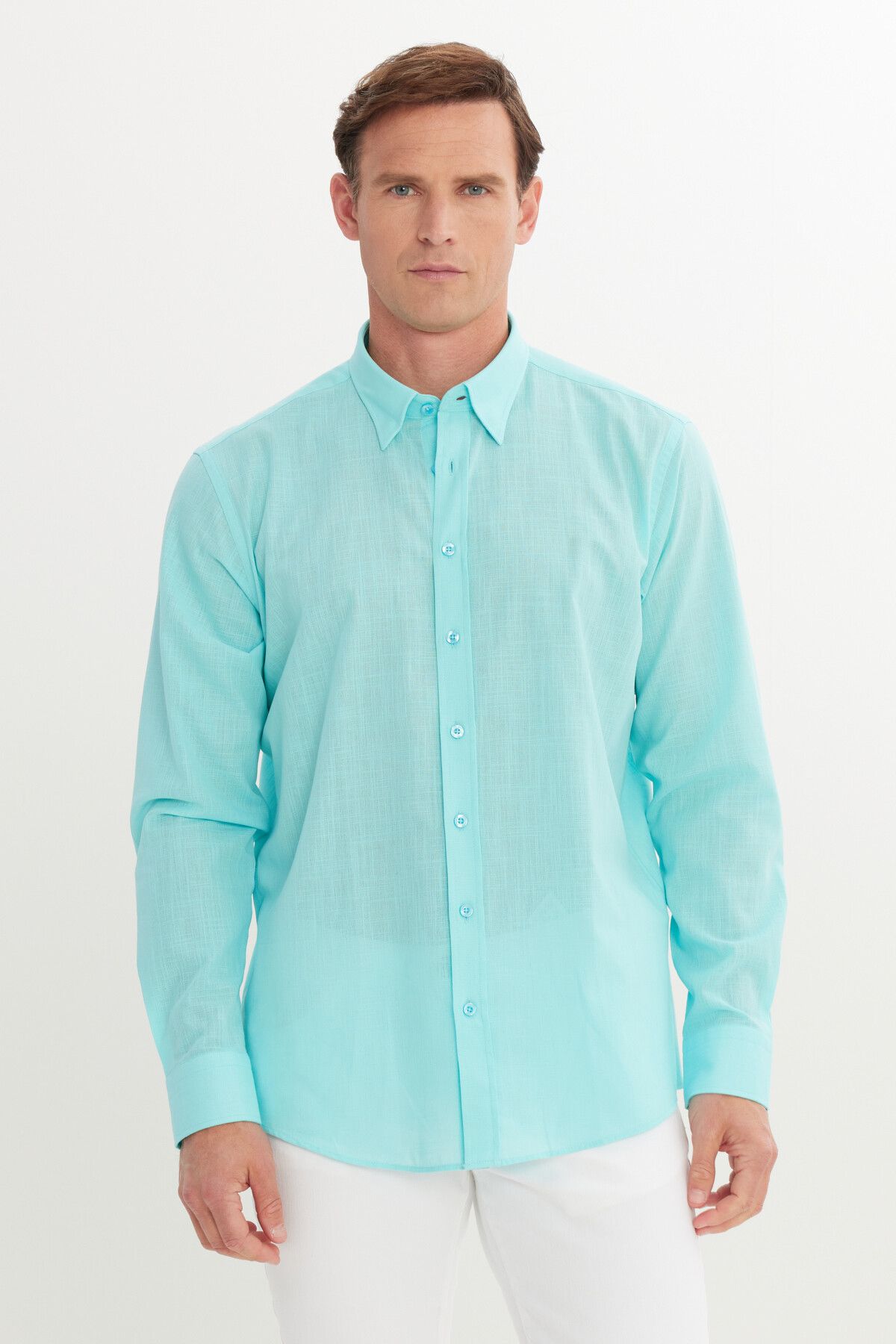 Men's turquoise comfort fit comfortable cut hidden button collar 100 %cotton pennant shirt