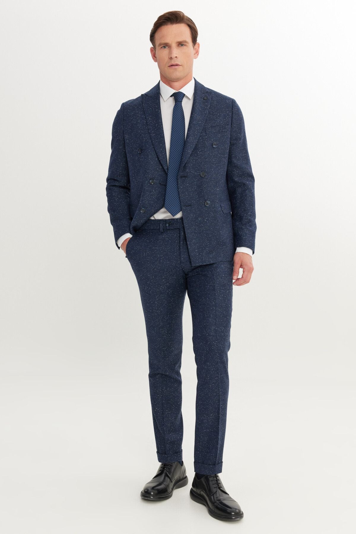 Men's navy blue slim fit narrow -cut swallow collar patterned suit suits