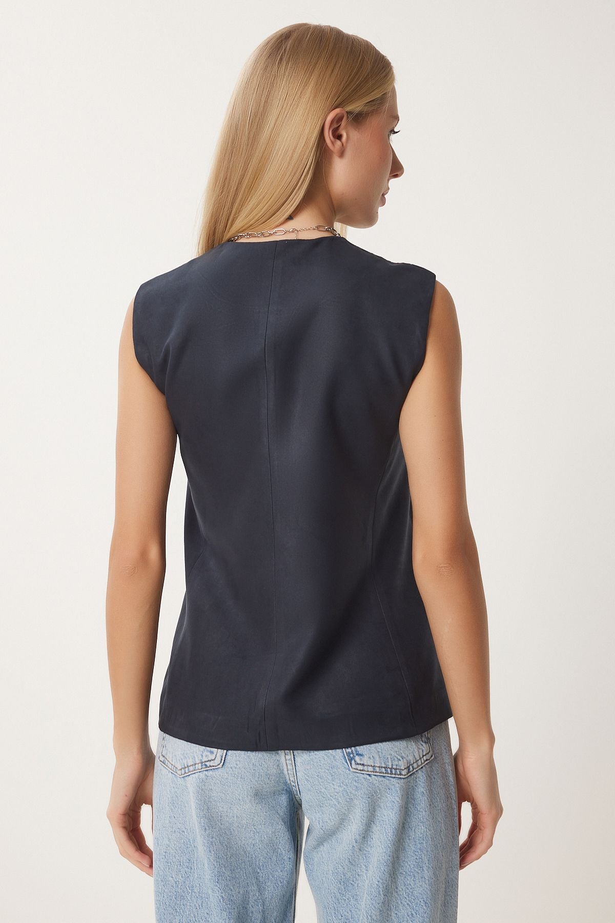 Woman Navy Blue V -Yaka Nubuk Vest FN03387