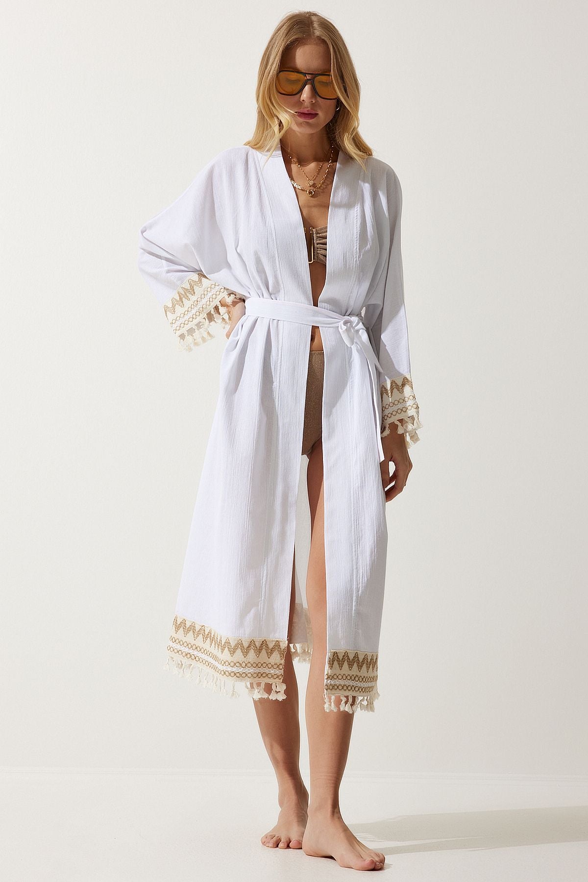 Women's white tassel guipure detailed long linen kimono OH00042