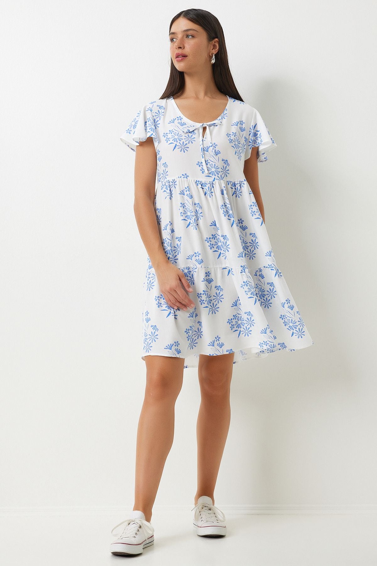 Woman White Blue Flower Summer Viscose Dress DD01330