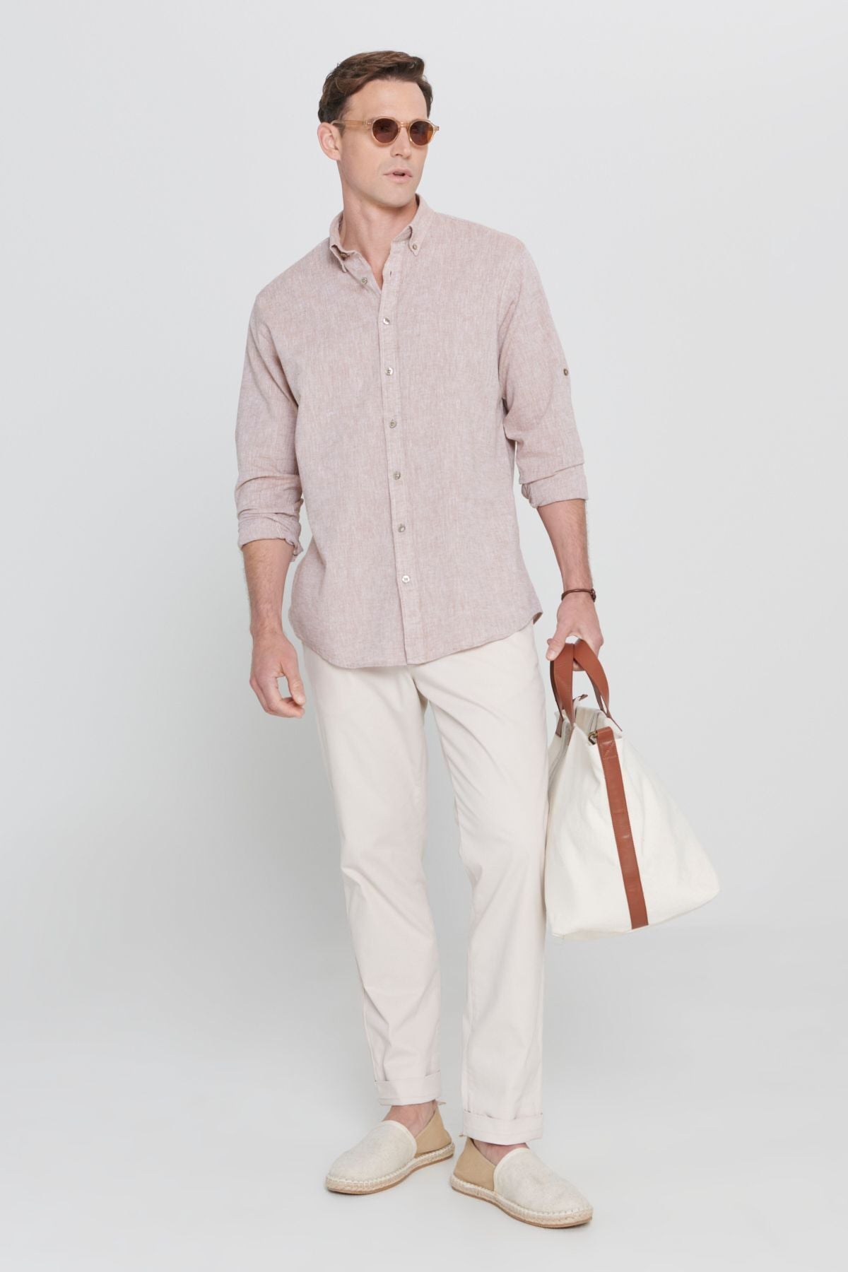 Men's Camel Linen Comfort Fit Casual Cutting Buttoned Neck Casual Shirt