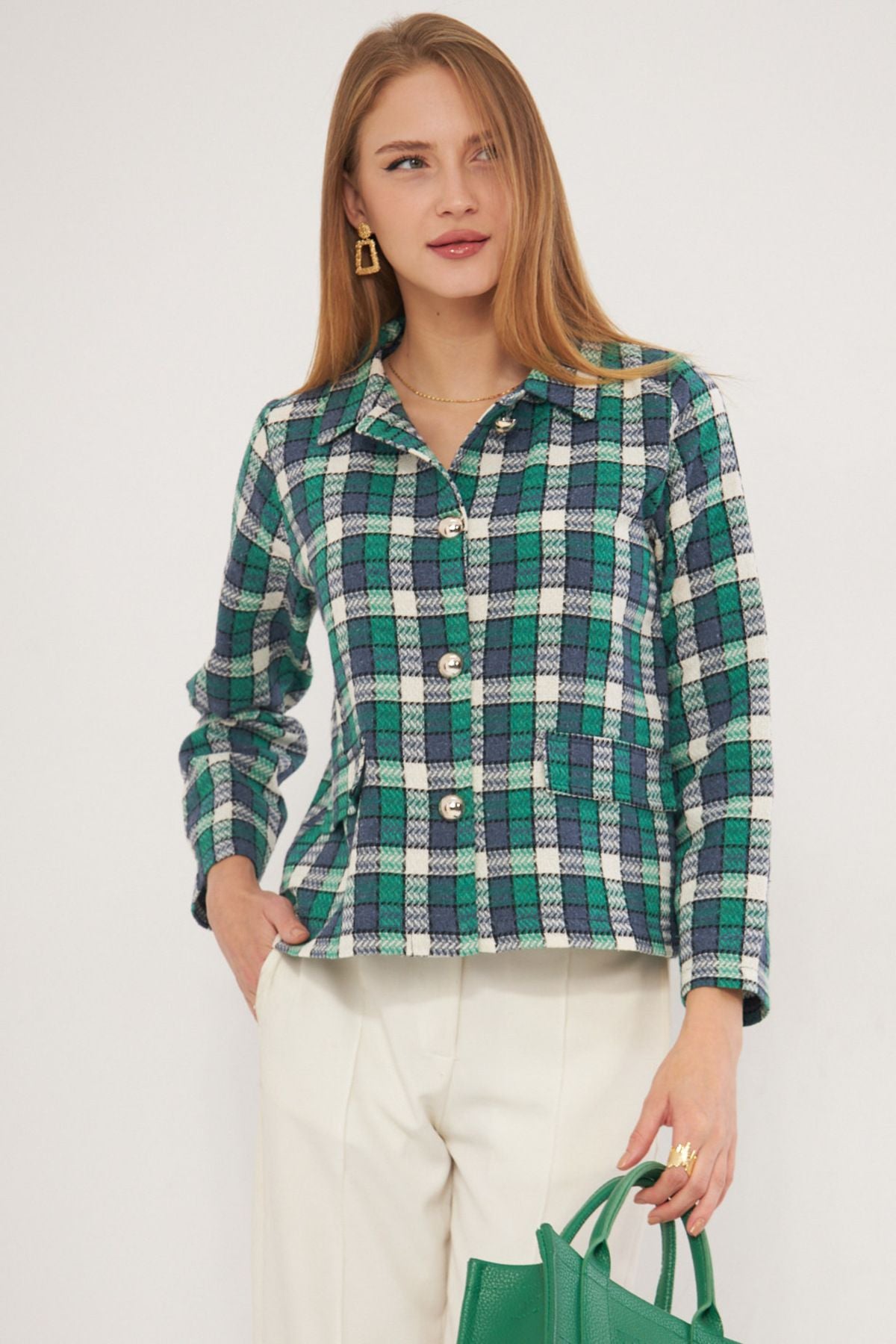 WOMEN'S GREEN PATTERNED POCKET COFE JACKET ARM-25K001038