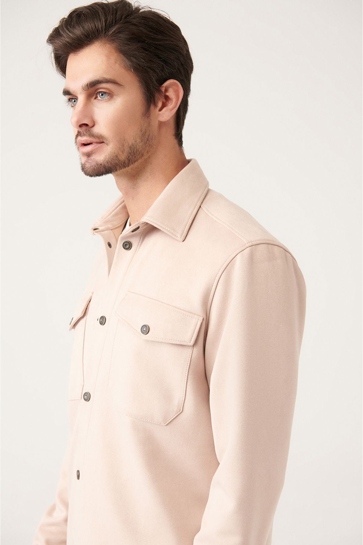 Men's Beige Classic Neck Suez Tissue Shirt with Skıçıt A31y2013