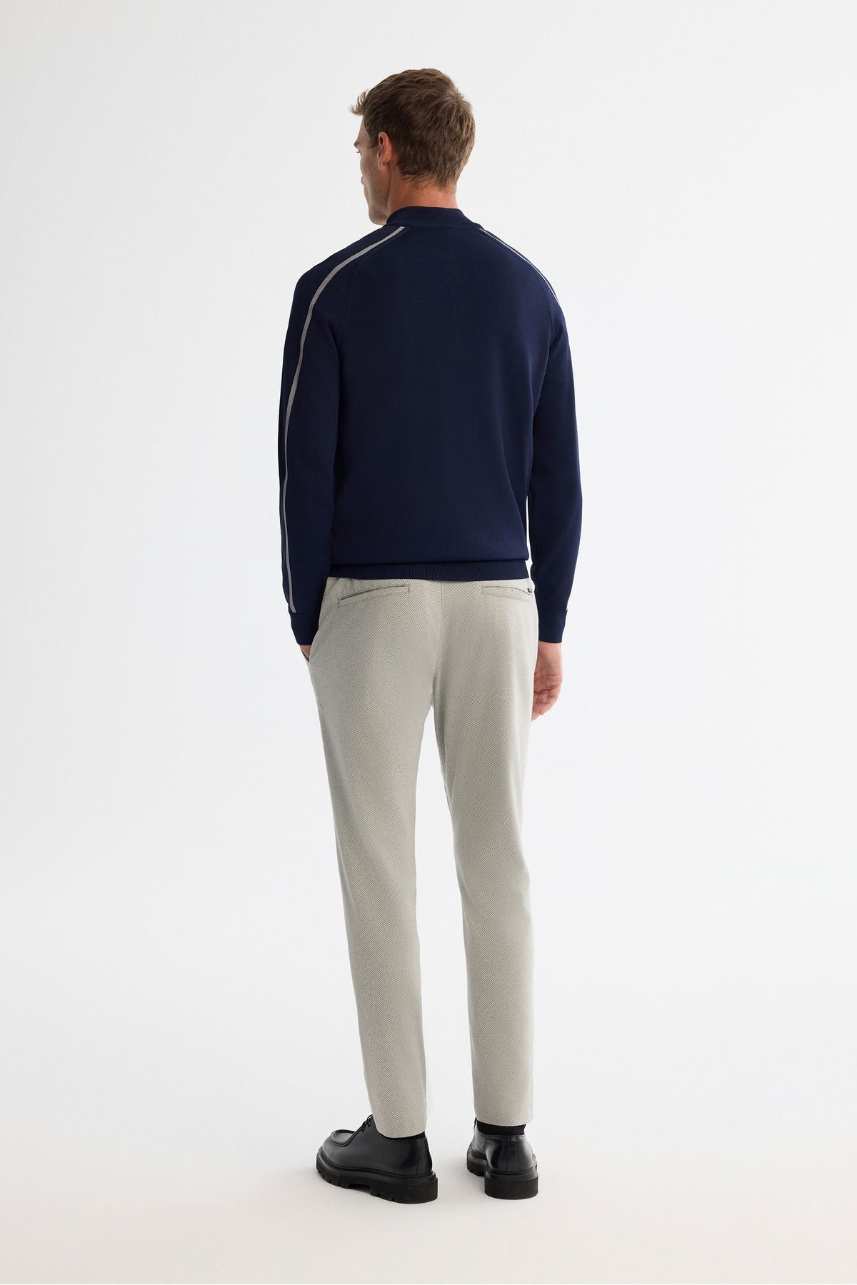 Men's navy blue zipper upright collar rayon knitwear sweater A42y5005