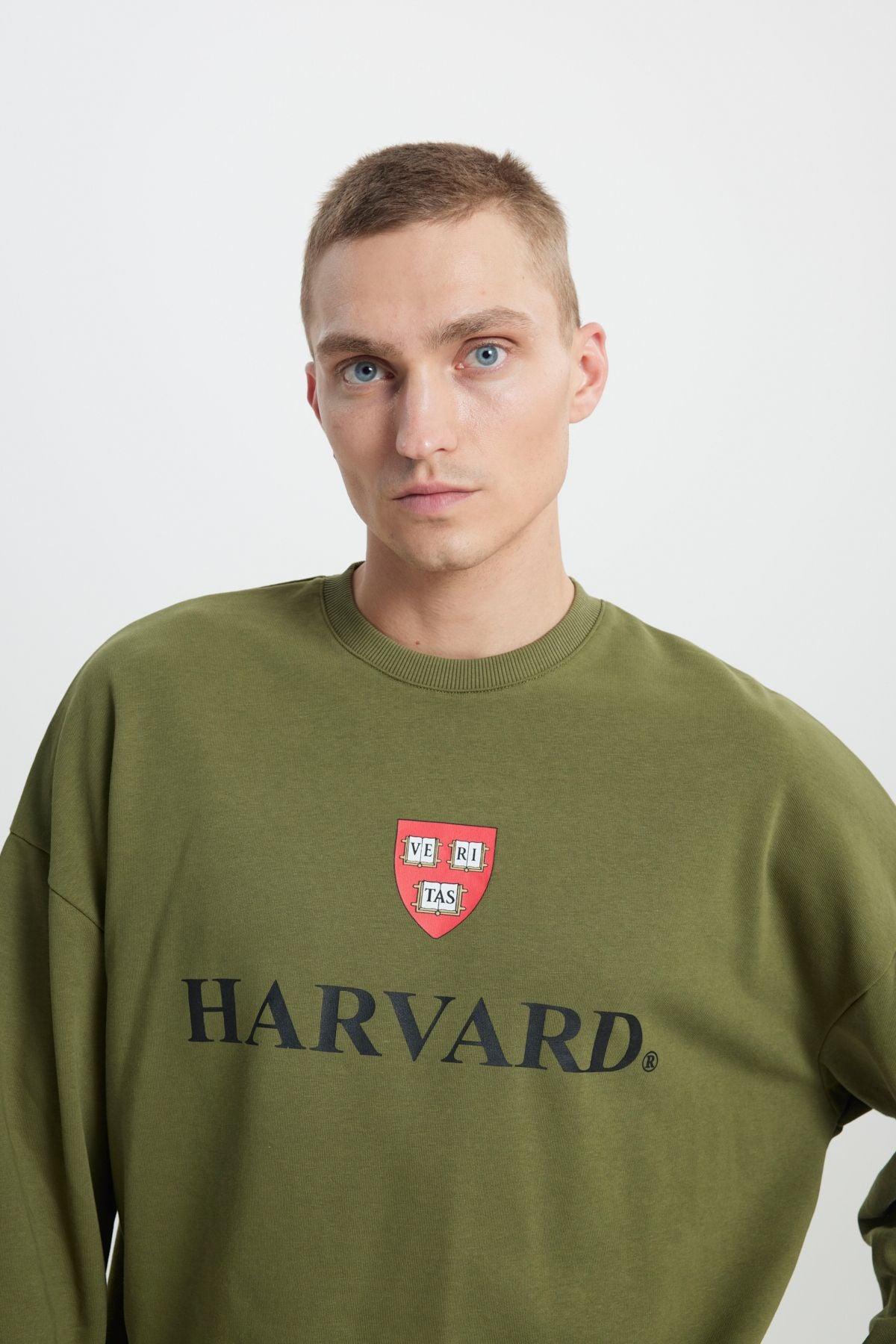 Men's Khaki Harvard licensed 3 thread cotton overwheeling fit abundant cut bicycle collar sweatshirt