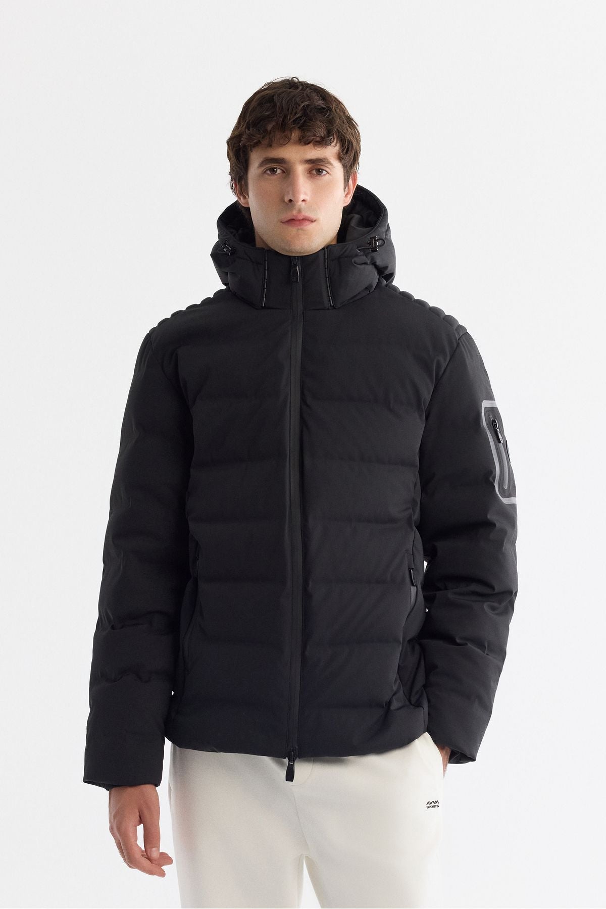 Men's black hooded goose feather water repulsion windproof thermometre swelling coat A42y6157