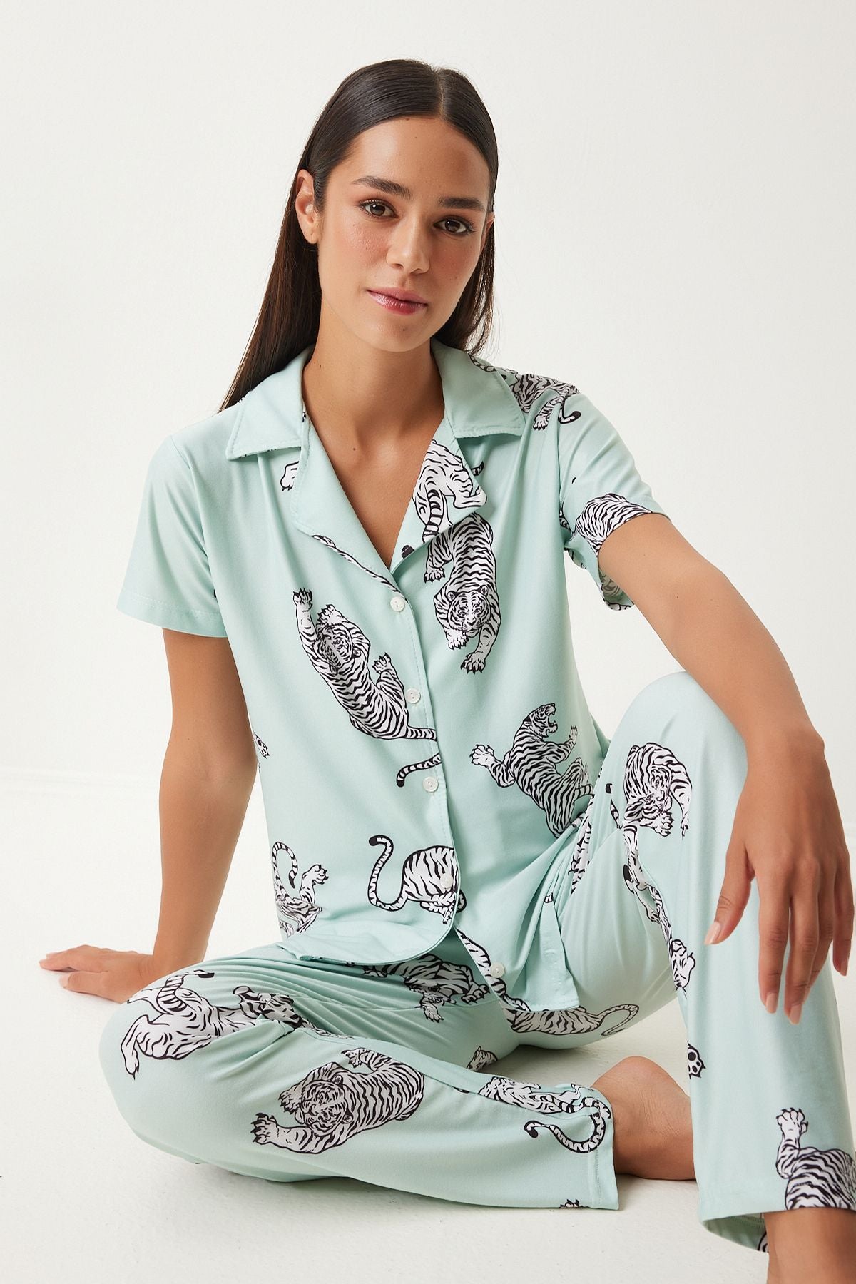 WOMEN'S WATER GREEN PATTERN PATTERNED Pants Knitting Pajama Set FP00006