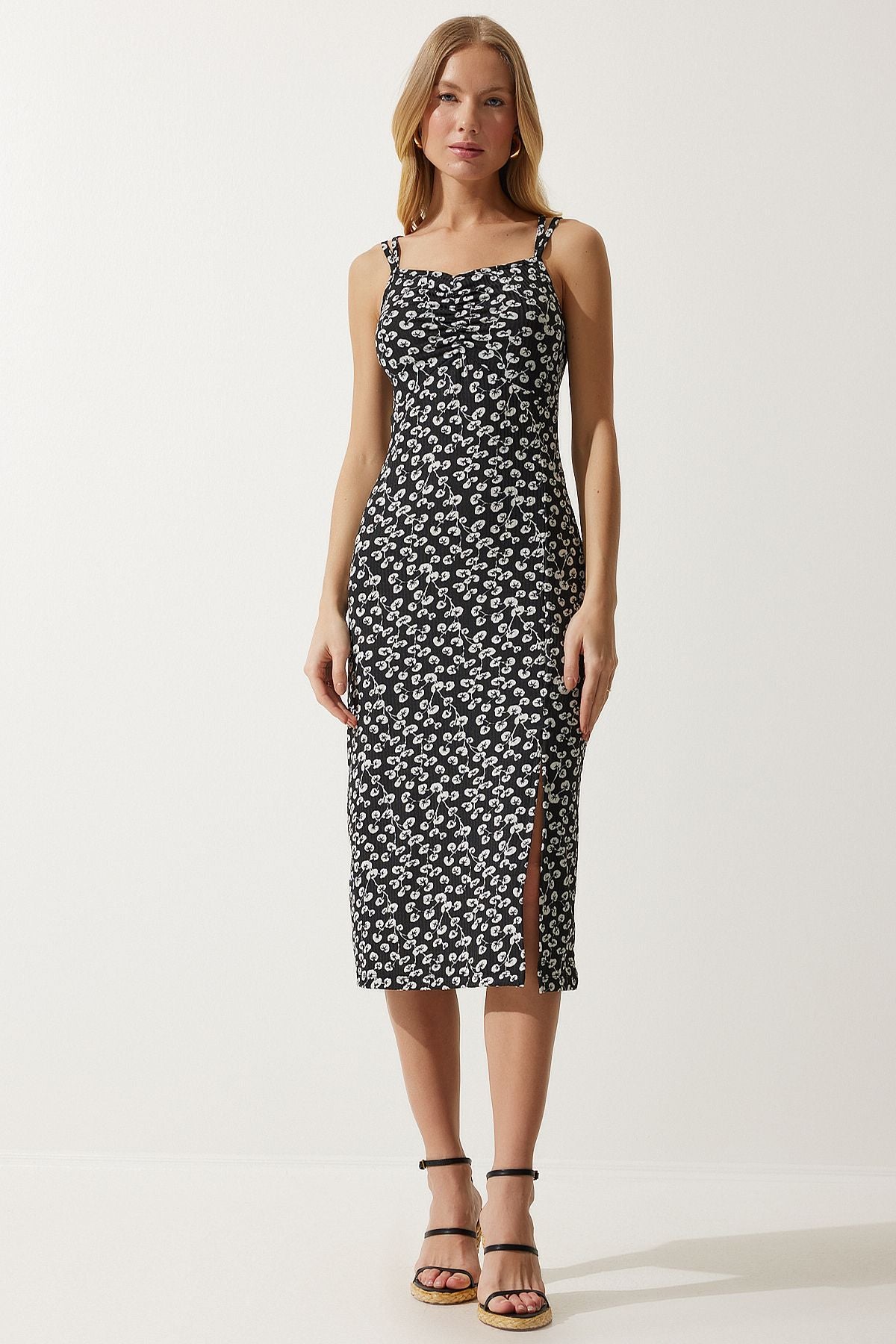 Woman Black White Double Hanger Patterned Knitting Dress MC00262