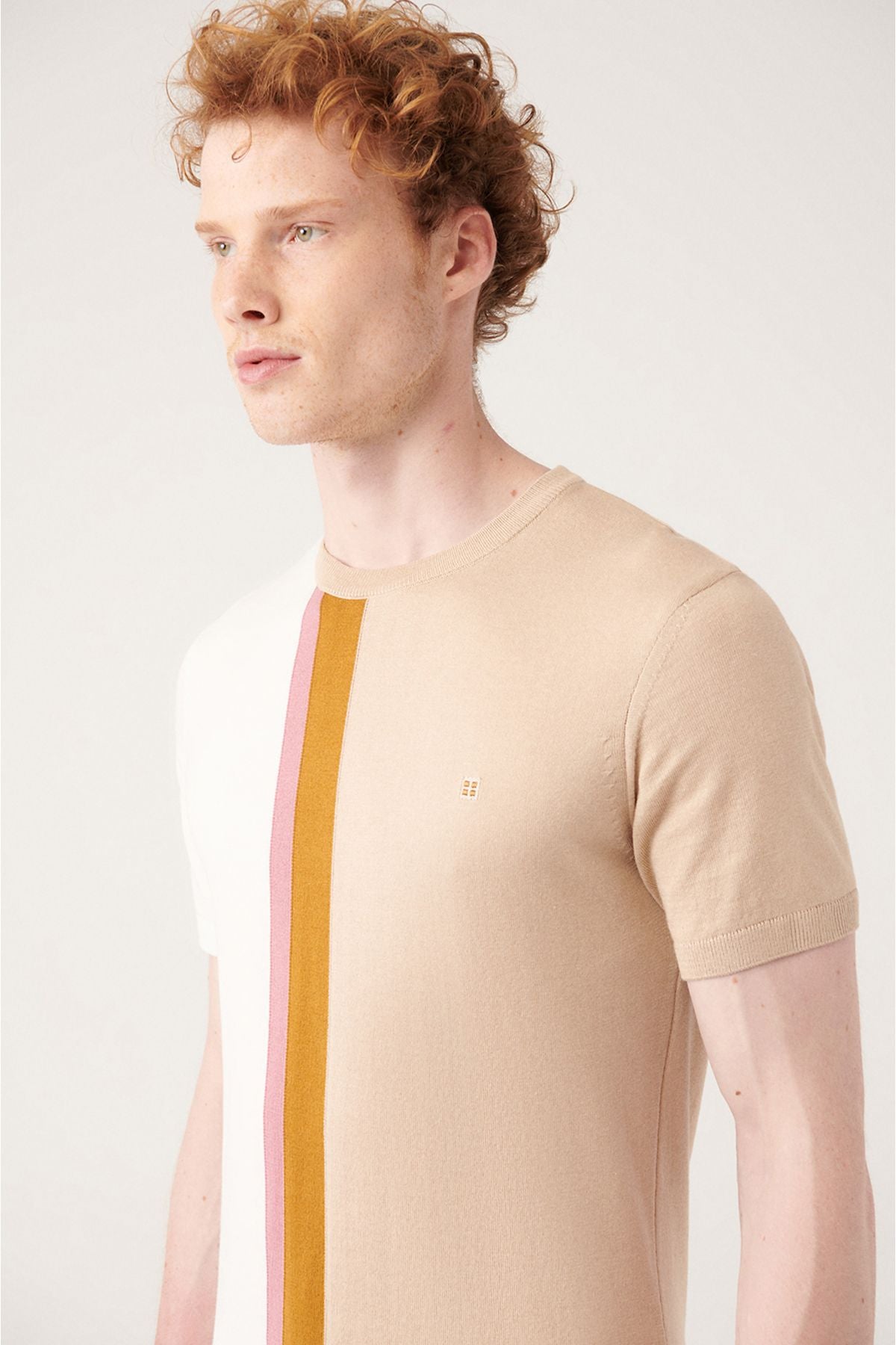 Men's Beige Bike Collar Color Bloc Triko T-Shirt A31y5019
