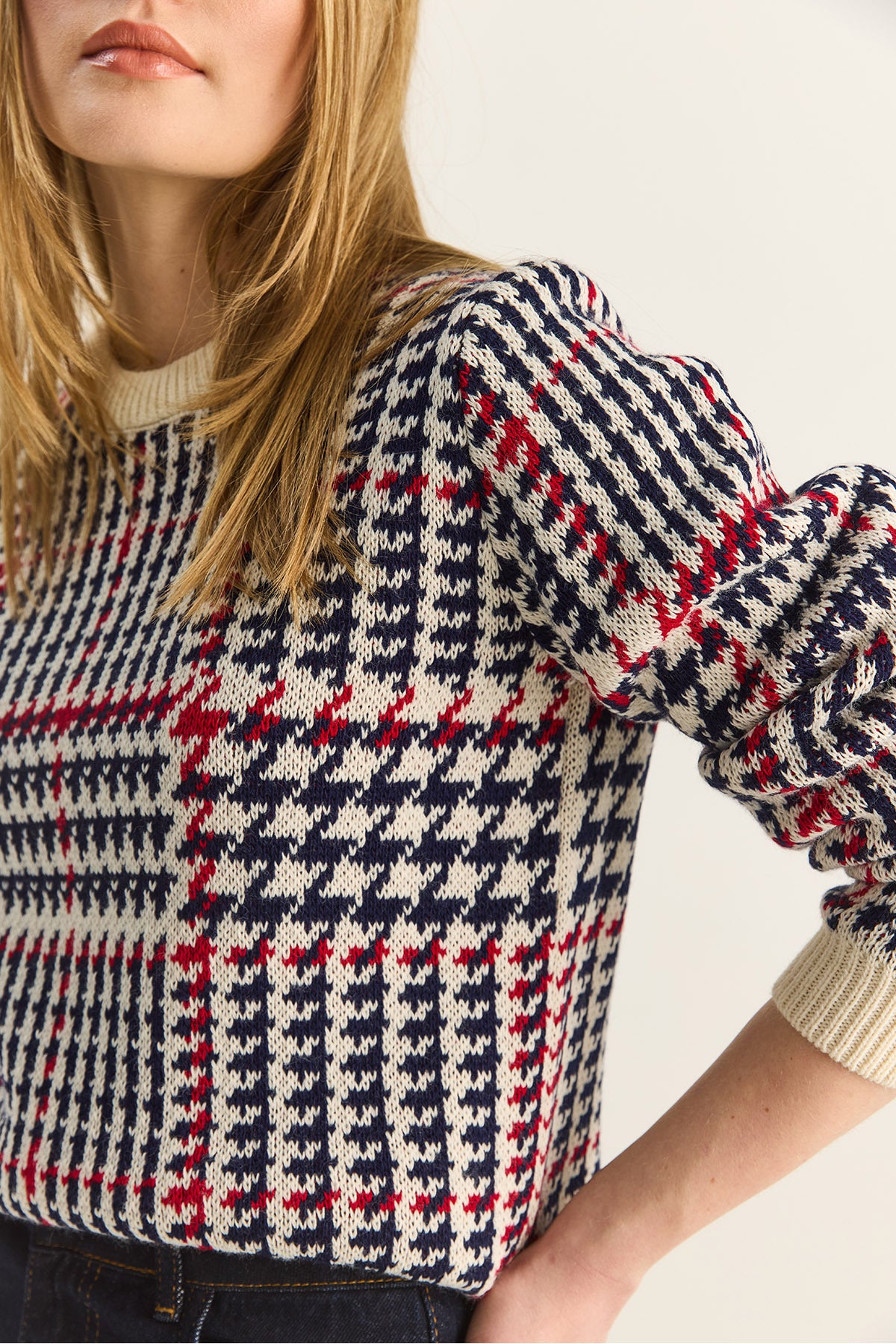 Women's Crew Neck Houndstooth Patterned Knitwear Sweater 20251122