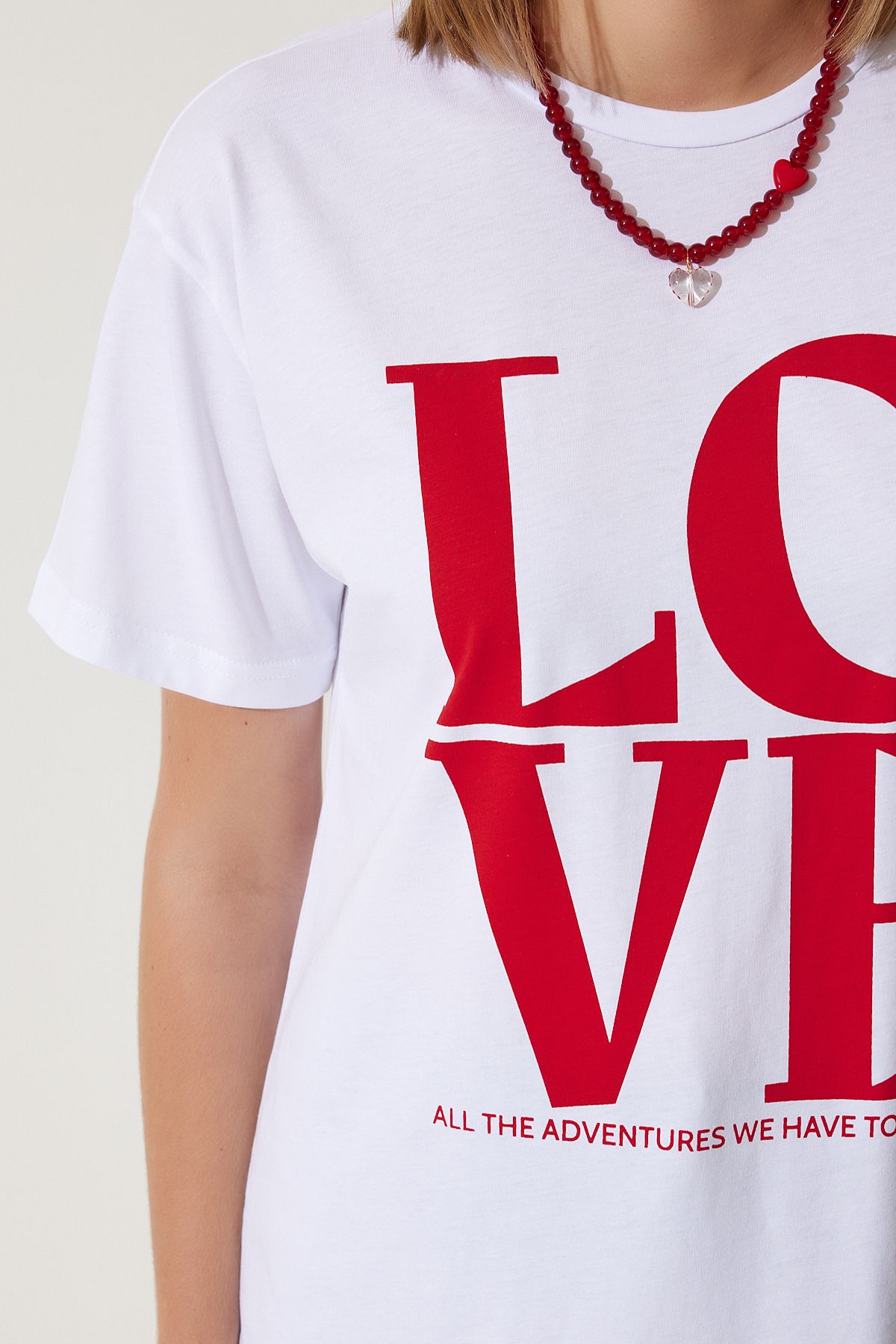 Kadın Beyaz Baskılı Oversize Pamuklu T-Shirt NJ00150
