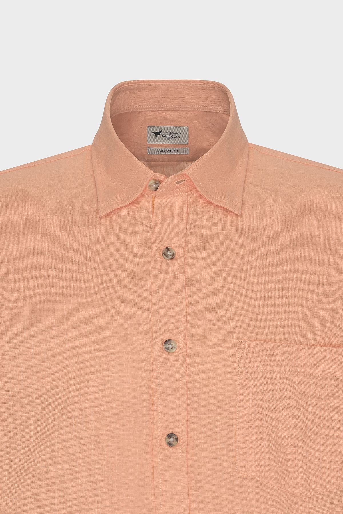 Men's Orange Comfort Fit Casual Cutting Buttoned Neck Linen Looking 100 %Cotton Short Sleeve Shirt