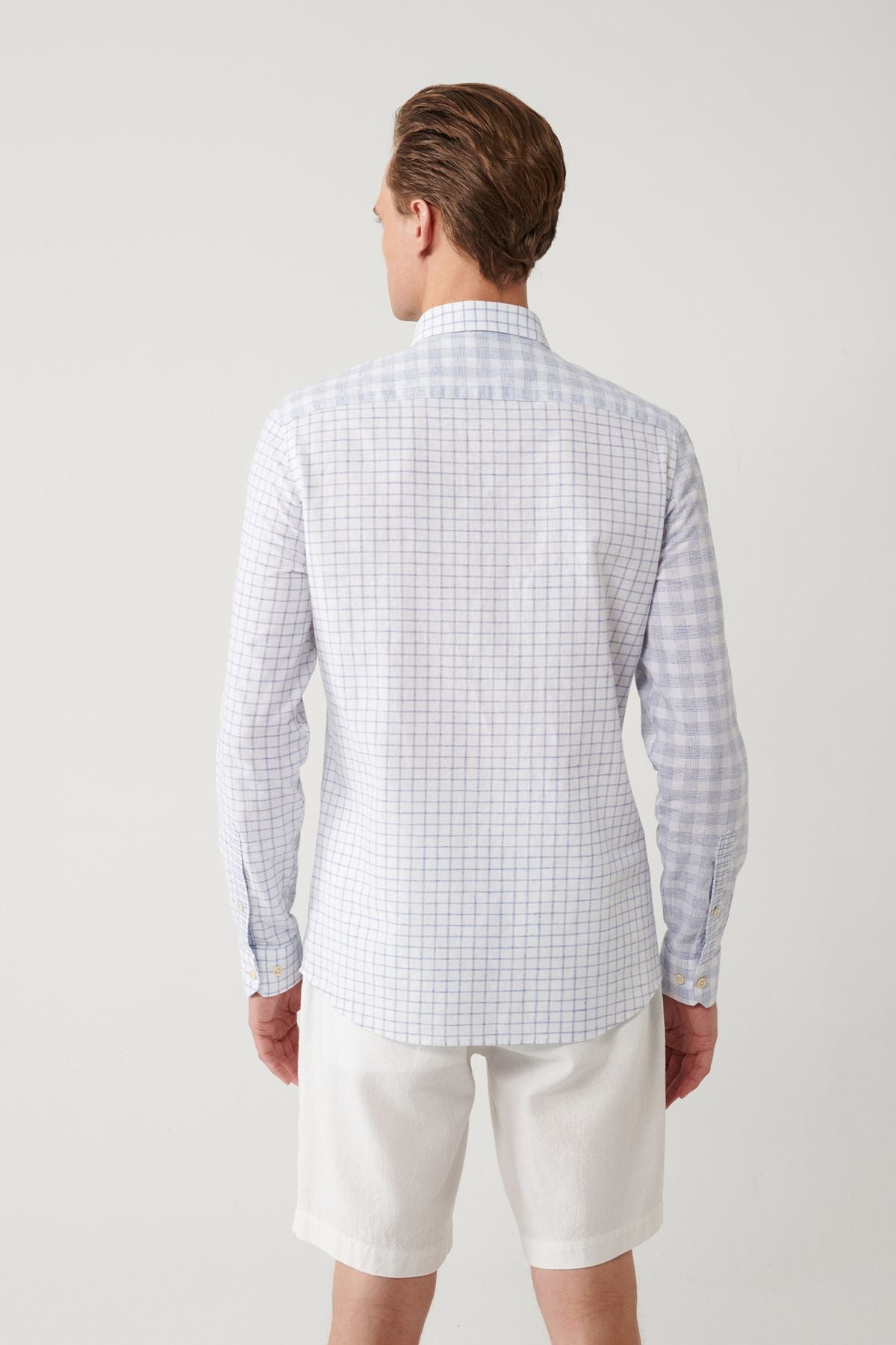 Men's blue plaid fragmented linen mixed shirt A41y2052