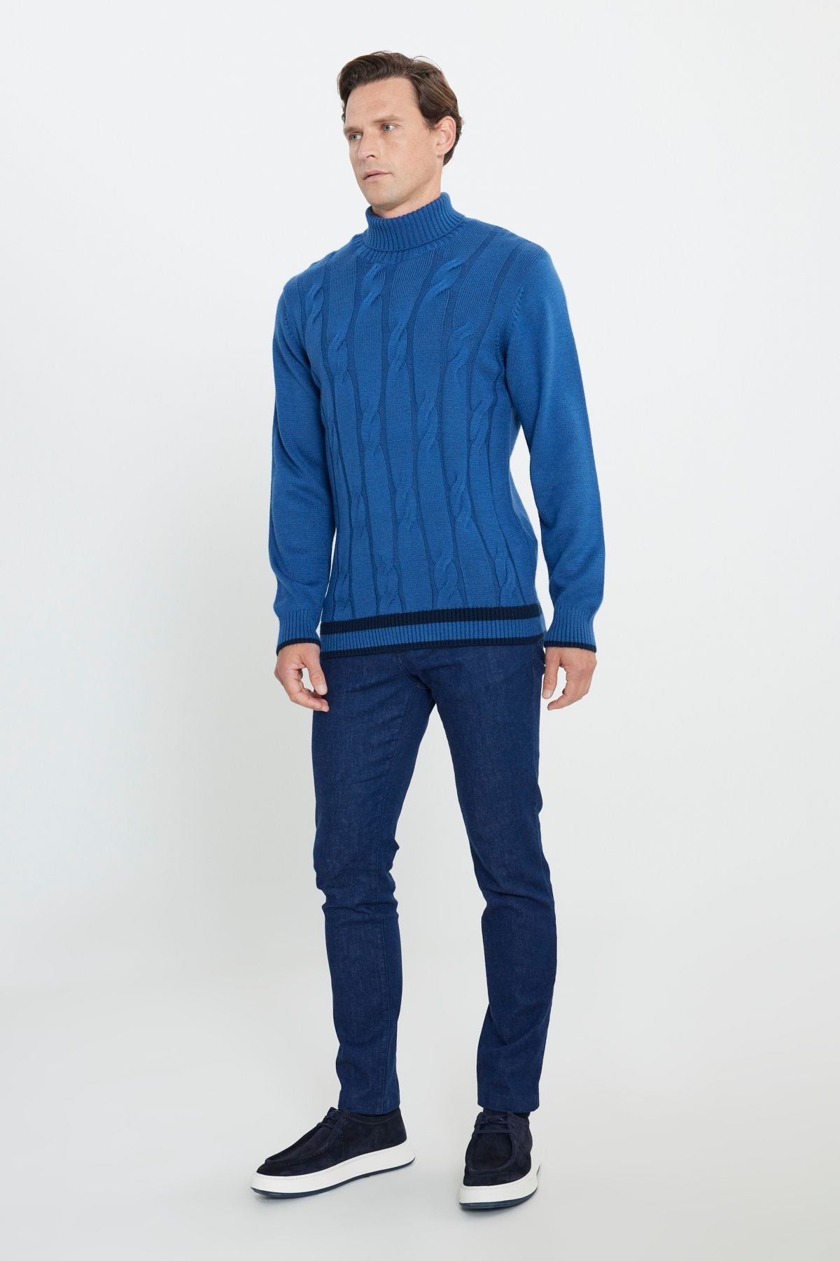 Men's Avaş Blue Standard Fit Normal Cut Full Fisherman Neck Jacquard Knitwear Sweater