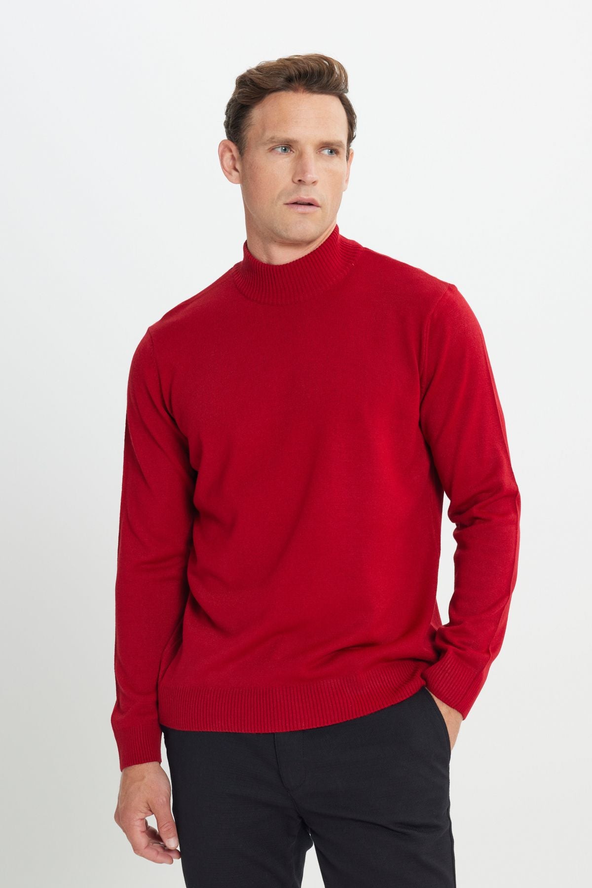 Men's Red Following Standard Fit Normal Cut Half Fisherman Yaka Knitwear Sweater