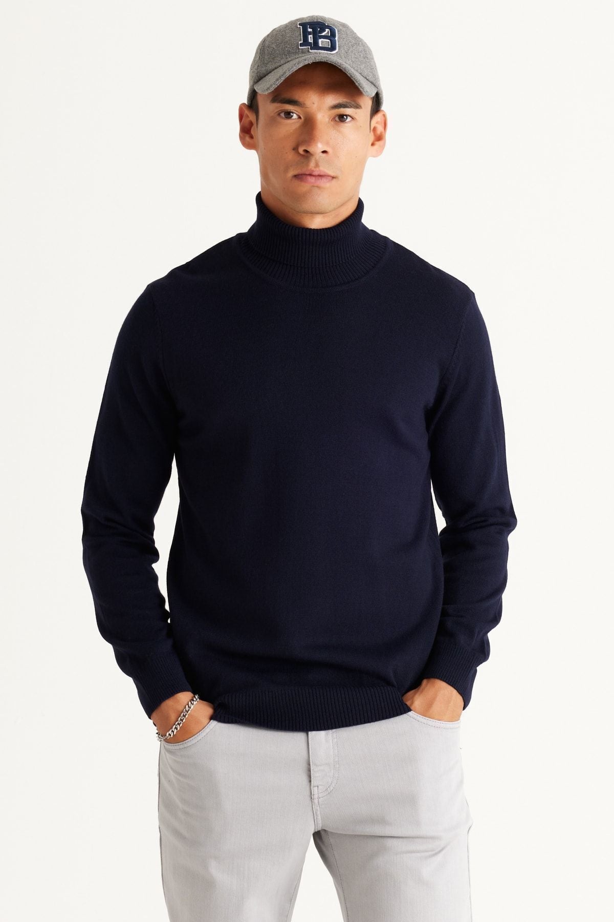 Men's navy blue standard fit Normal cutting Full Fisherman Yaka knitwear sweater