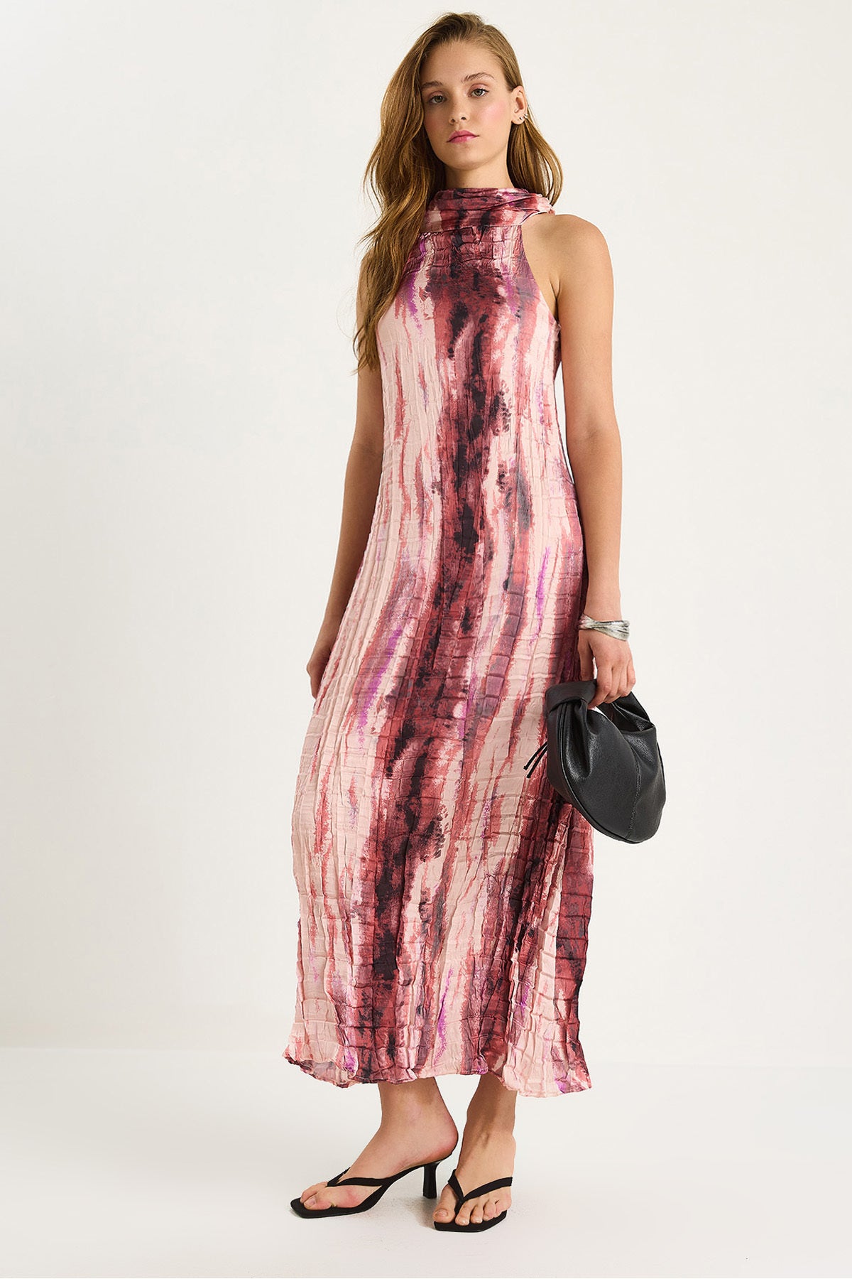 Women's Patterned Halter Neck Lined Satin Textured Crush Dress DE251059 60283419