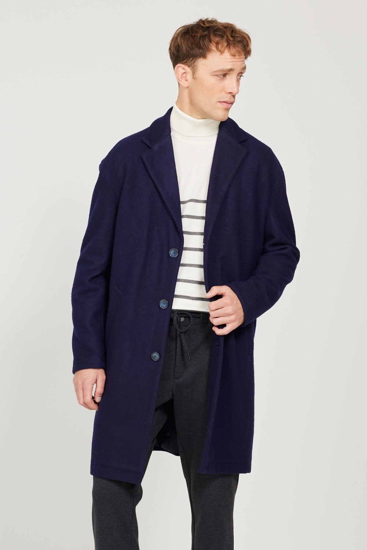 Men's navy blue overwheeling mono collar woolen stamp coat