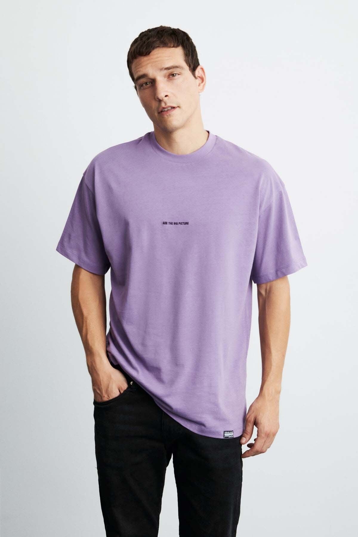 Rıver Men's Embroidery Working Oversiz 100 %Organic Cotton Knitting Purple T-shirt