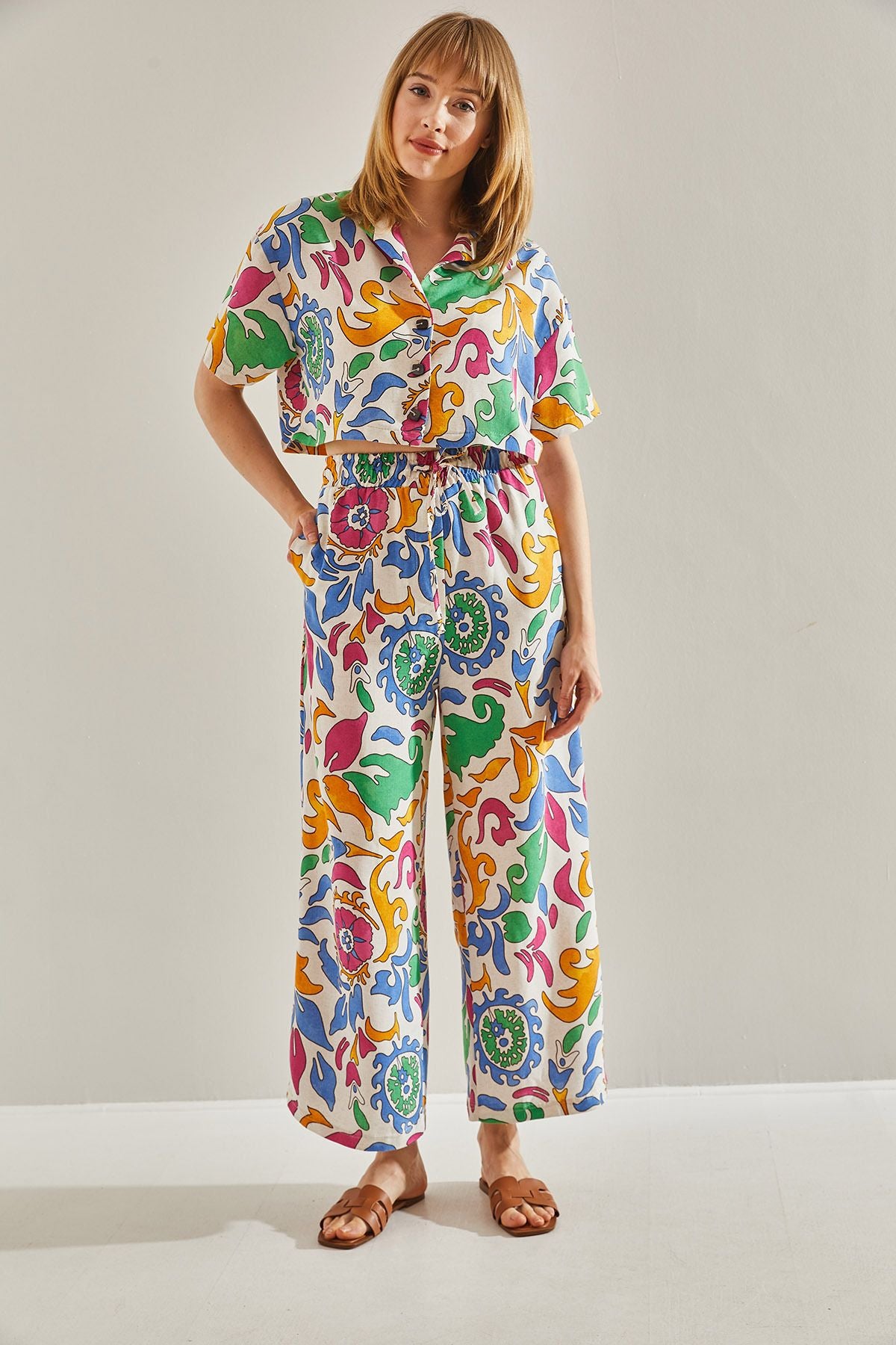 Crop Set with Palazzo Double Pants with Orange Ethnic Patterned 60251023