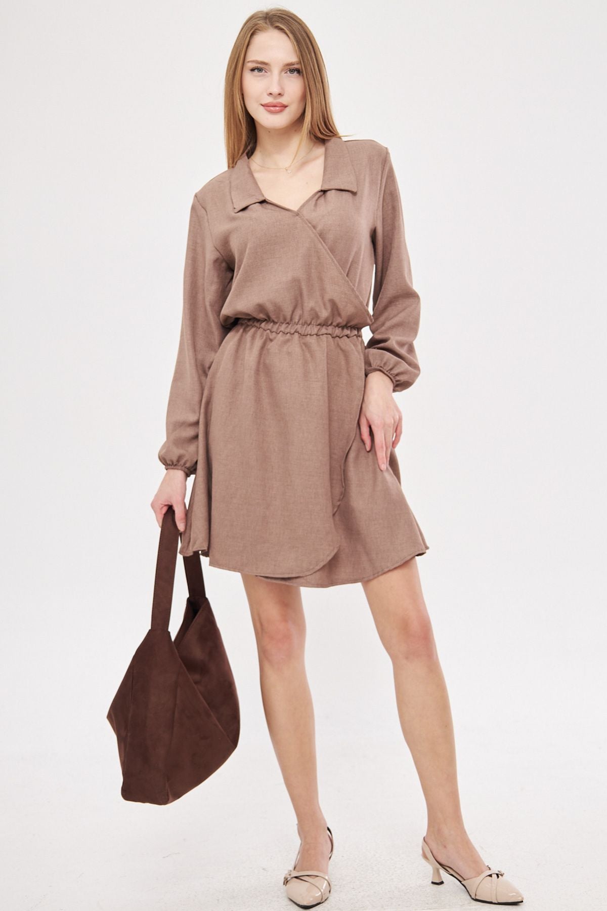 Female mink shirt collar cruishe waist and arm rubber dress with rubber dress ARM-25K001047