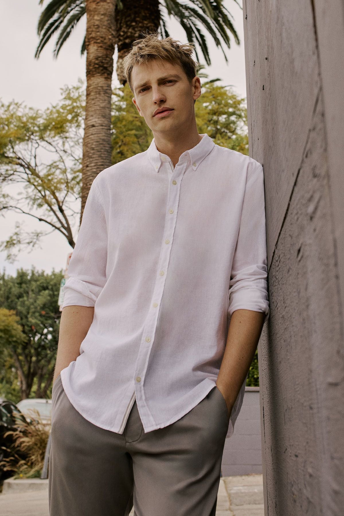 Men's White Linen Comfort Fit Casual Cutting buttoned collar shirt