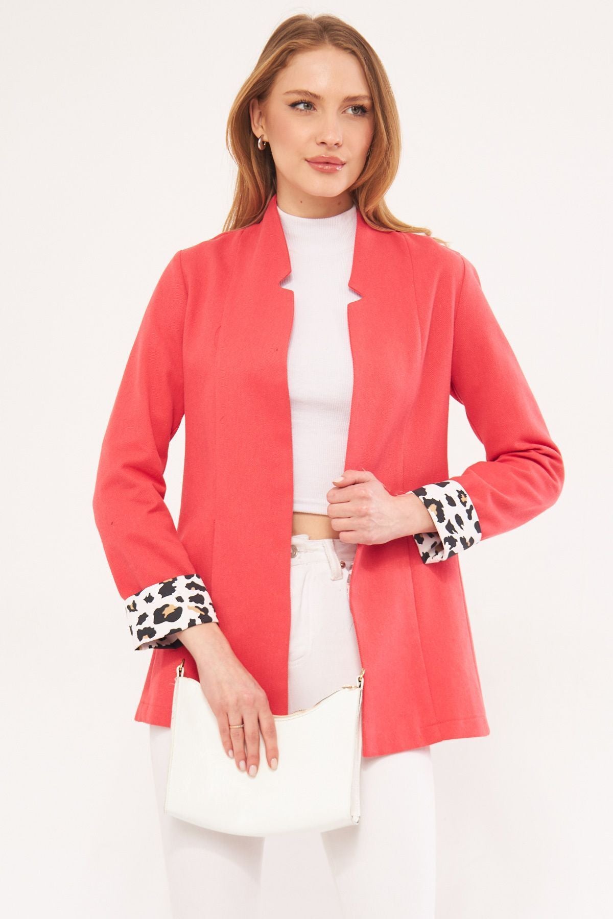 Female pomegranate flower ikosiena jacket upright collar sleeve intra-arm leopard patterned ARM-24Y001044