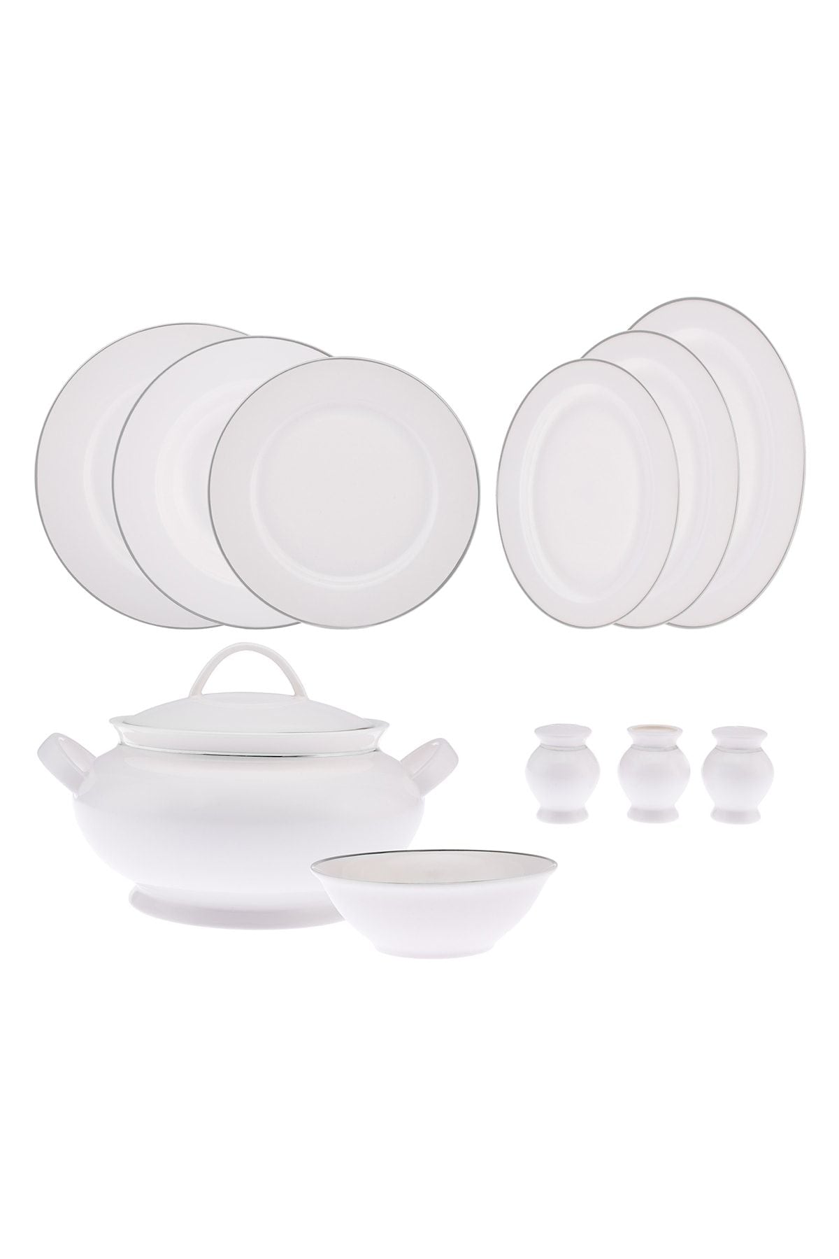 New Marly Porcelain 60 Piece 12 Person Round Dinner Set Platinum