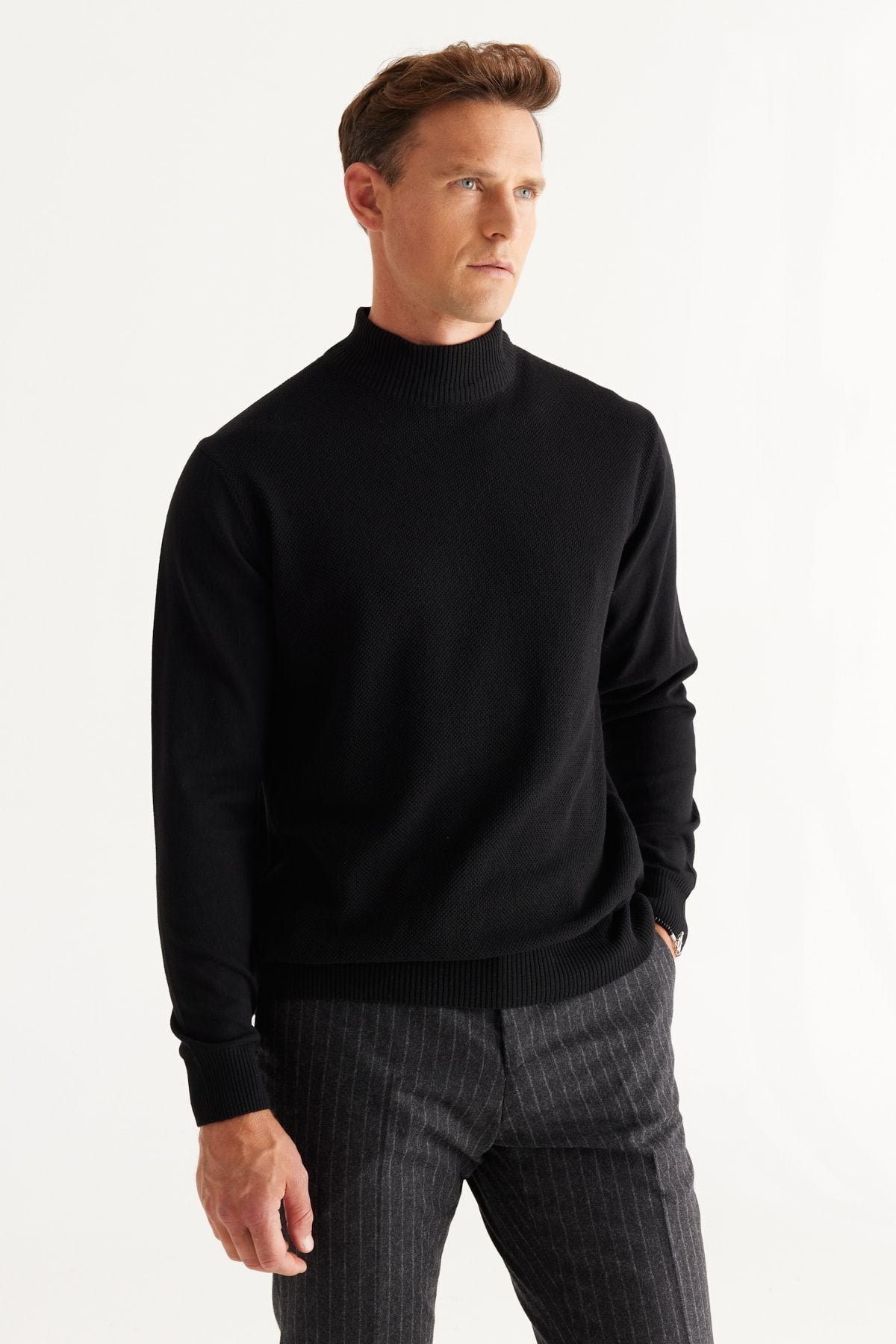 Men's Black Standard Fit Normal Cut Half Fisherman Neck Cotton Knitwear Sweater