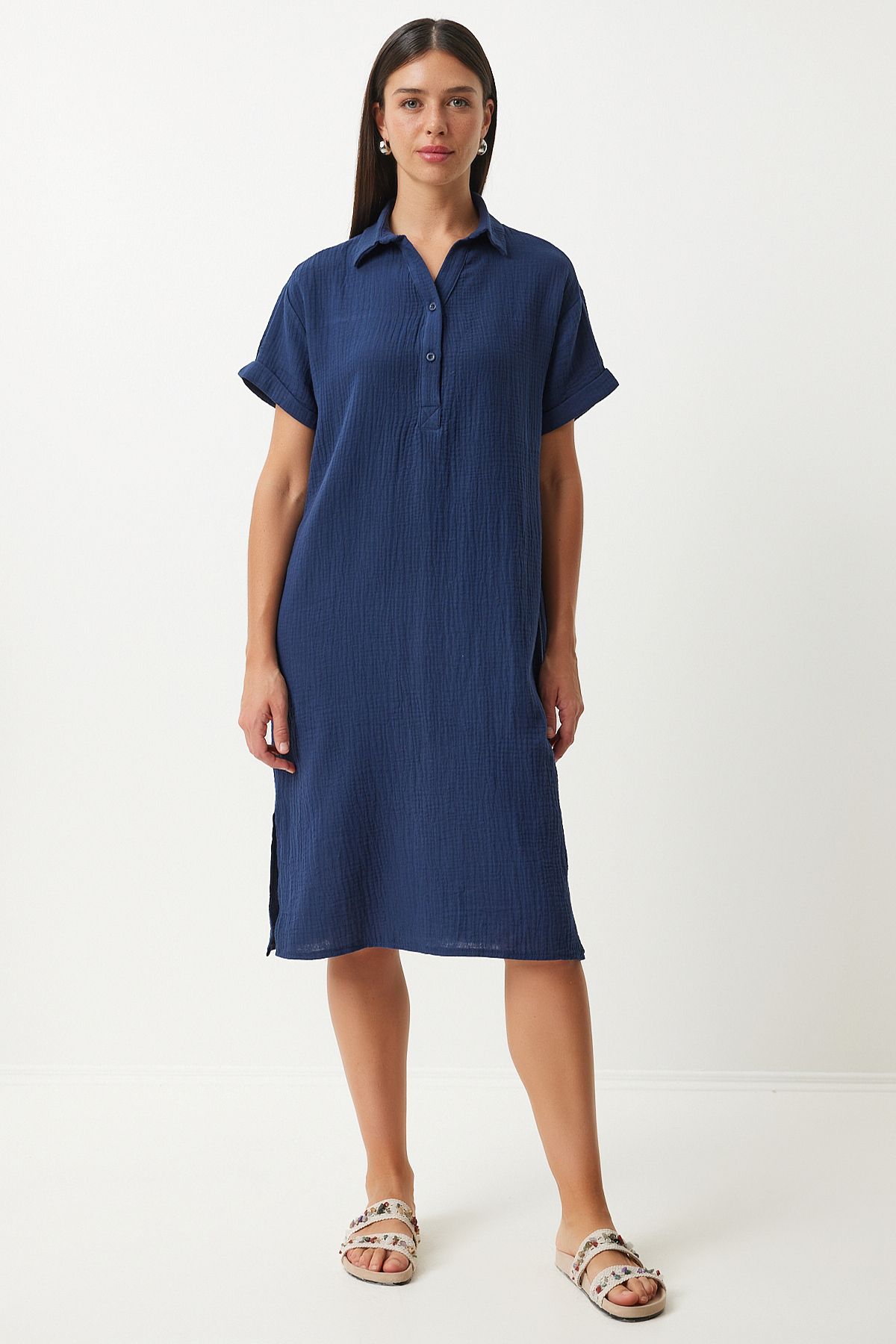 Woman Navy Blue Polo Yaka Summer Plenty of Muslin Dress to00135