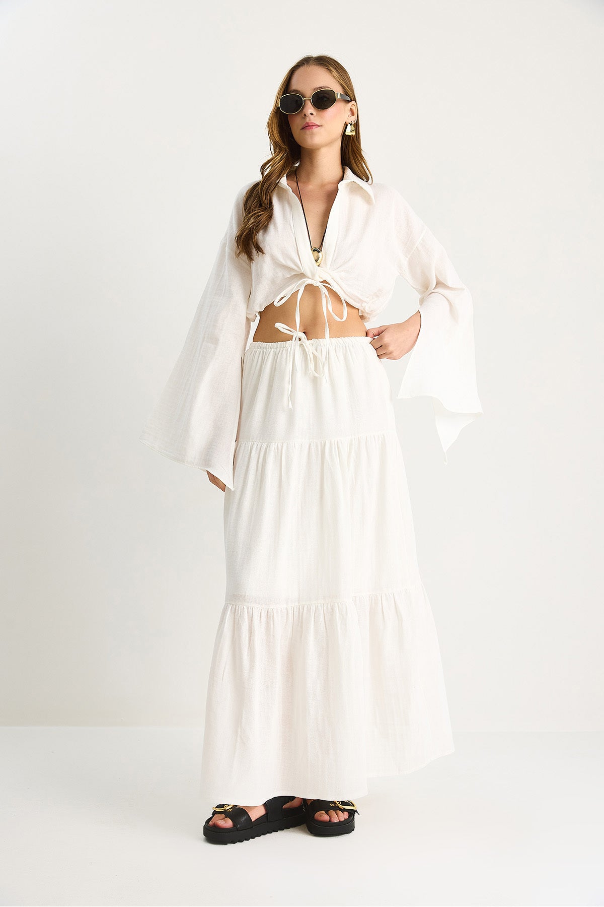 Women's Tie Detailed Slit Wide Sleeve Blouse Lined Long Skirt Suit DT251007 60283497