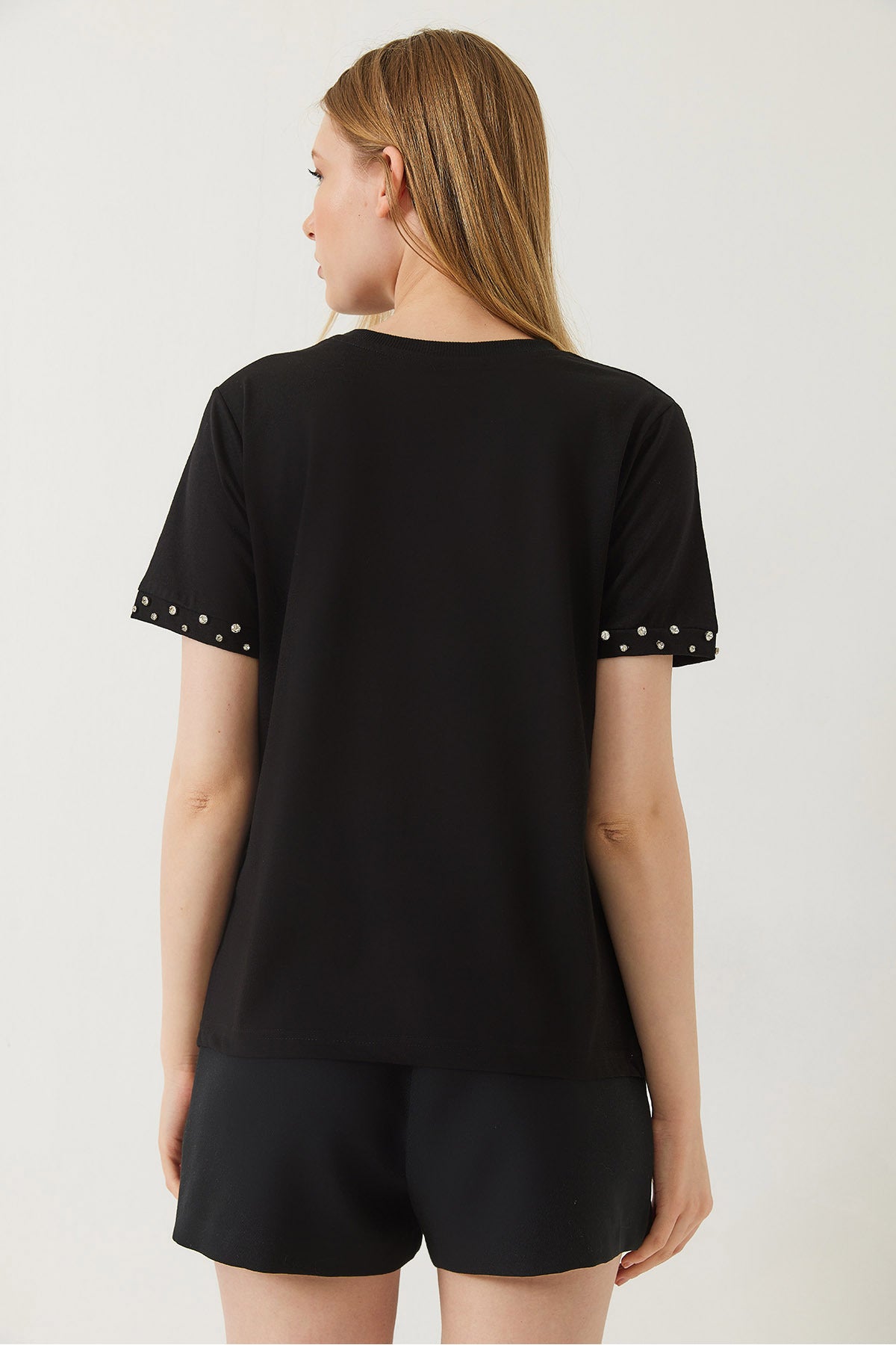 Women's T-shirt with Stone Embroidered Sleeves 60602002