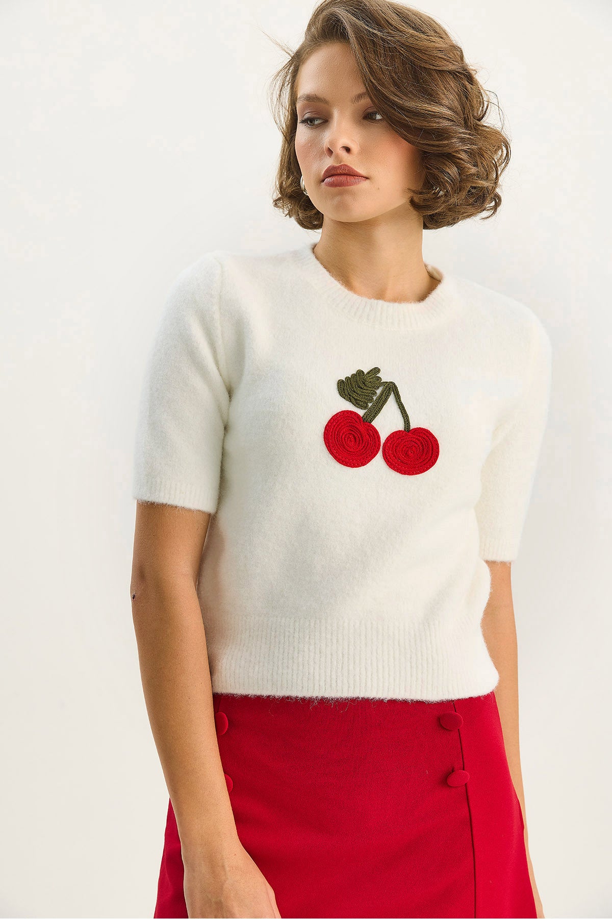 Women's Crew Neck Short Sleeve Cherry Knit Embroidery Knitwear Blouse 5079 60283588