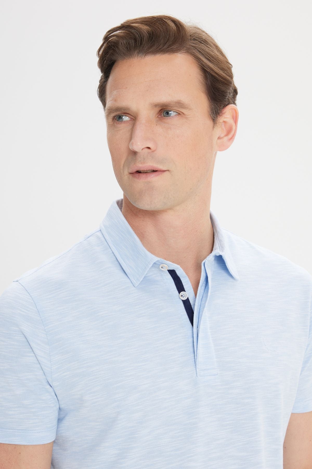 Men's light blue cotton jacquard slim fit narrow cut polo collar t -shirt